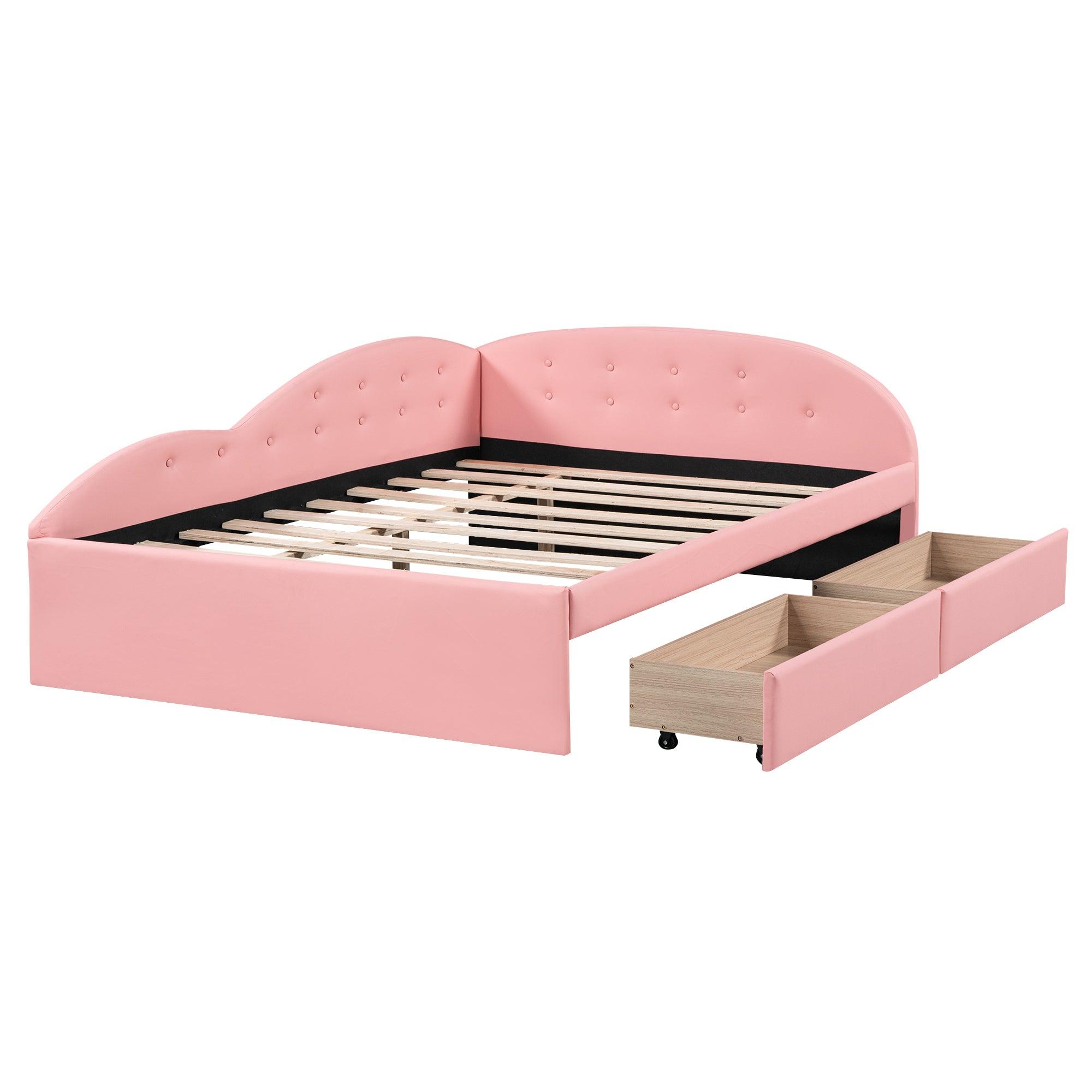 Full Size PU Upholstered Tufted Daybed with Two Drawers and Cloud Shaped Guardrail, Pink