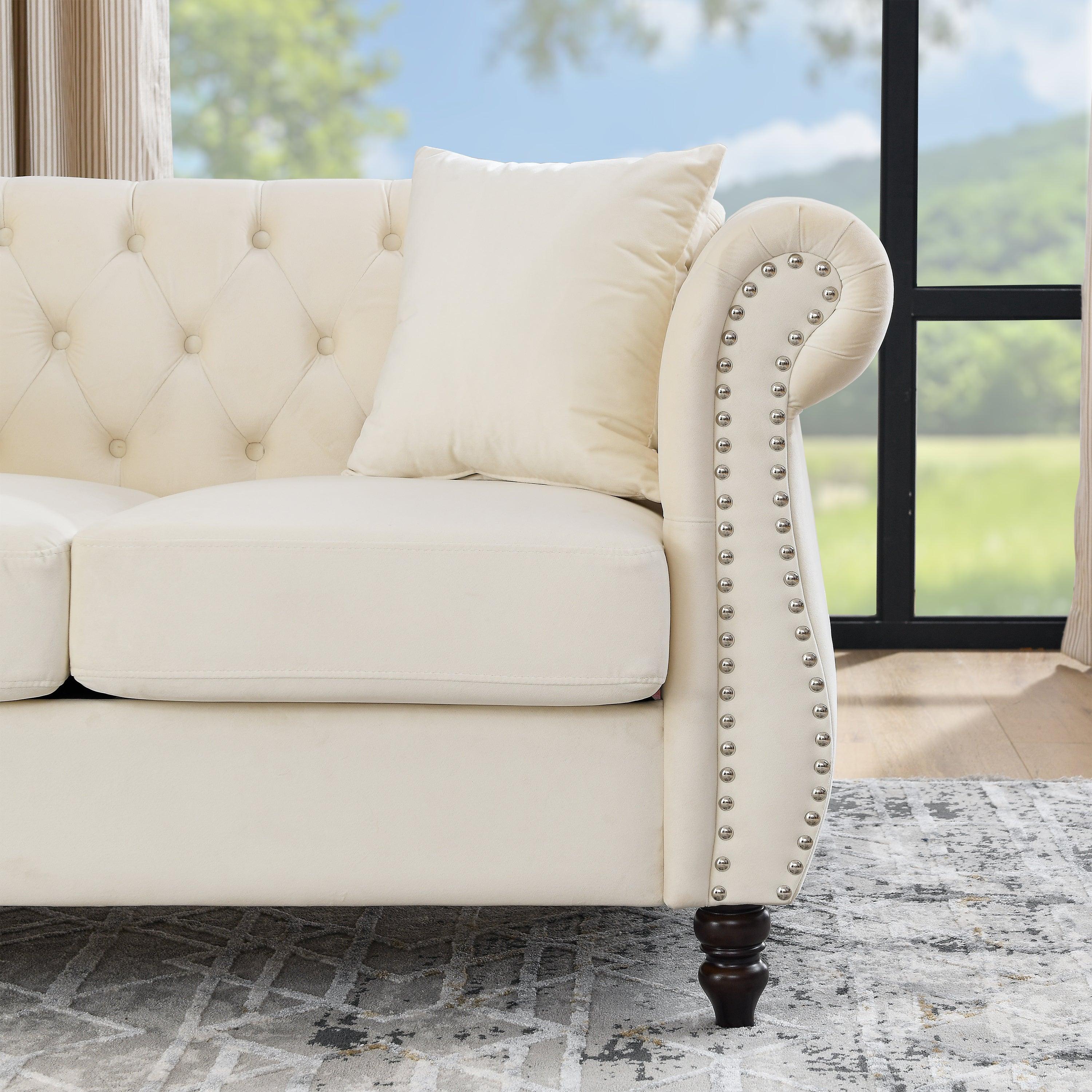 58.8" Chesterfield Sofa Beige Velvet for Living Room, 2 Seater Sofa Tufted Couch with Rolled Arms and Nailhead with 2 Pillows