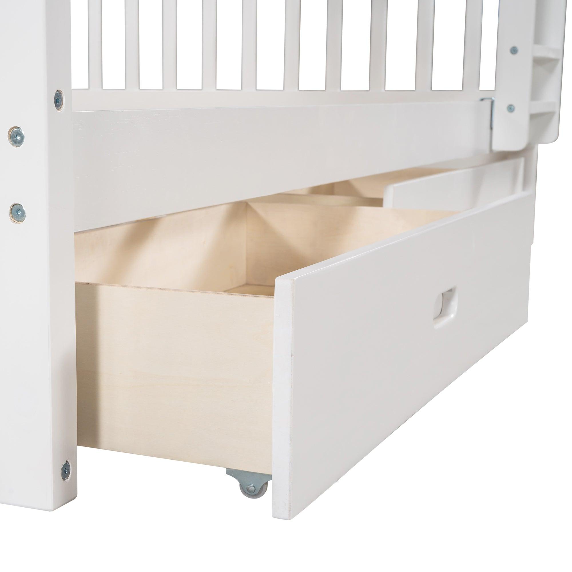 Full-Over-Full Bunk Bed with Ladders and Two Storage Drawers (White)