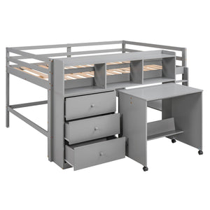 Full Size Low Loft Bed with Rolling Portable Desk, Drawers and Shelves, Gray