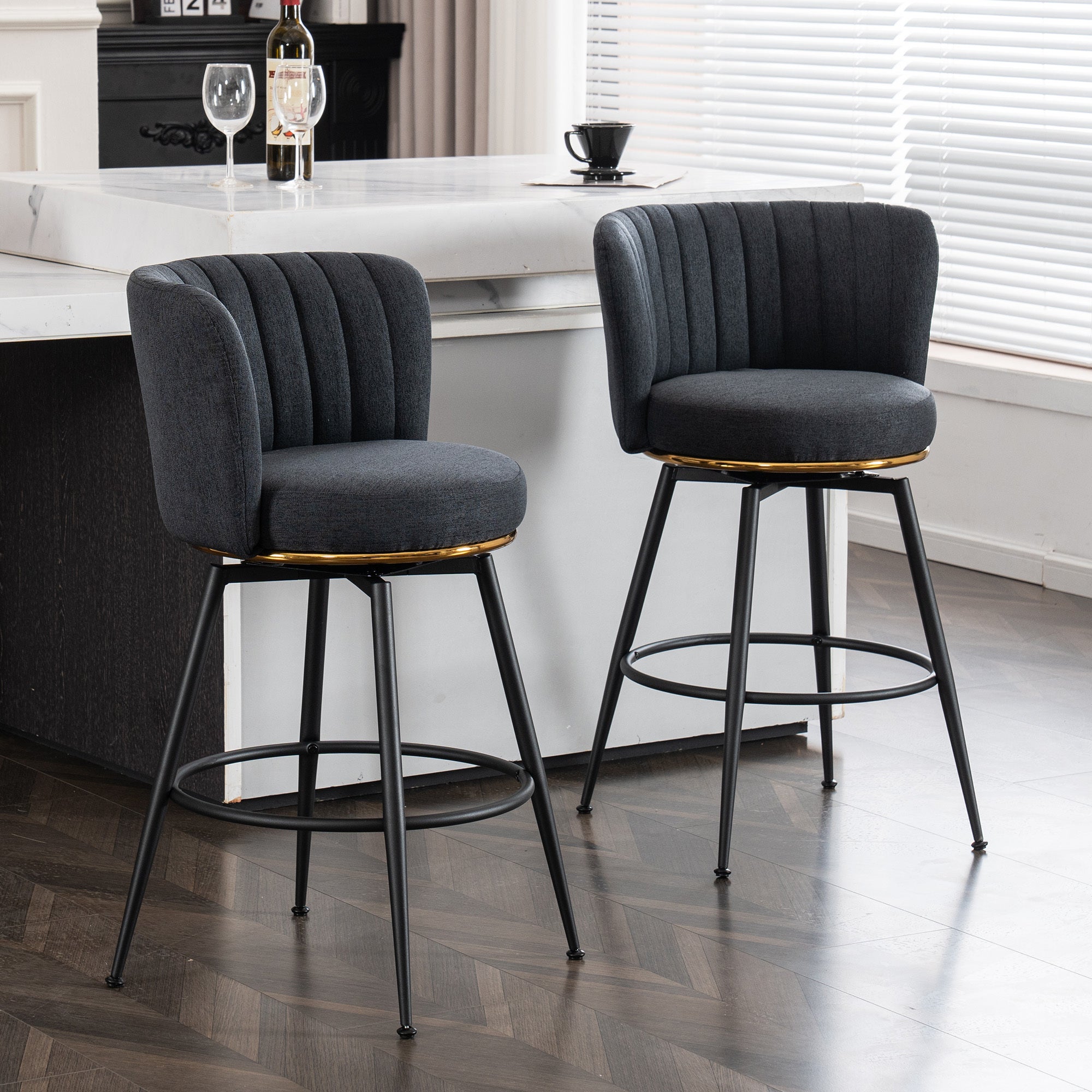 🆓🚛 Set of 2 Swivel Bar Stools, High-Back, Adjustable, Upholstered With Elegant Metal Back Accents, Gray