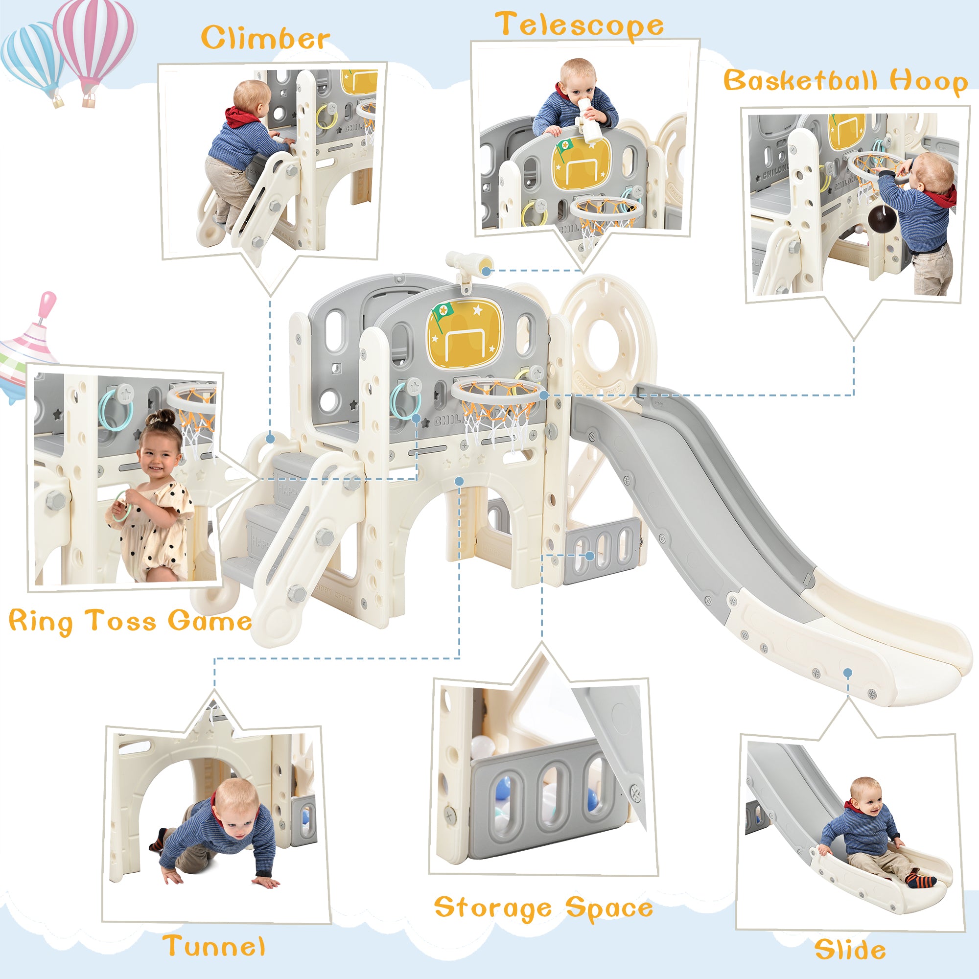 🆓🚛 Kids Slide Playset Structure, Freestanding Castle Climbing Crawling Playhouse With Slide, Arch Tunnel, Ring Toss, & Basketball Hoop, Toy Storage Organizer for Toddlers, Kids Climbers Playground, Gray & White