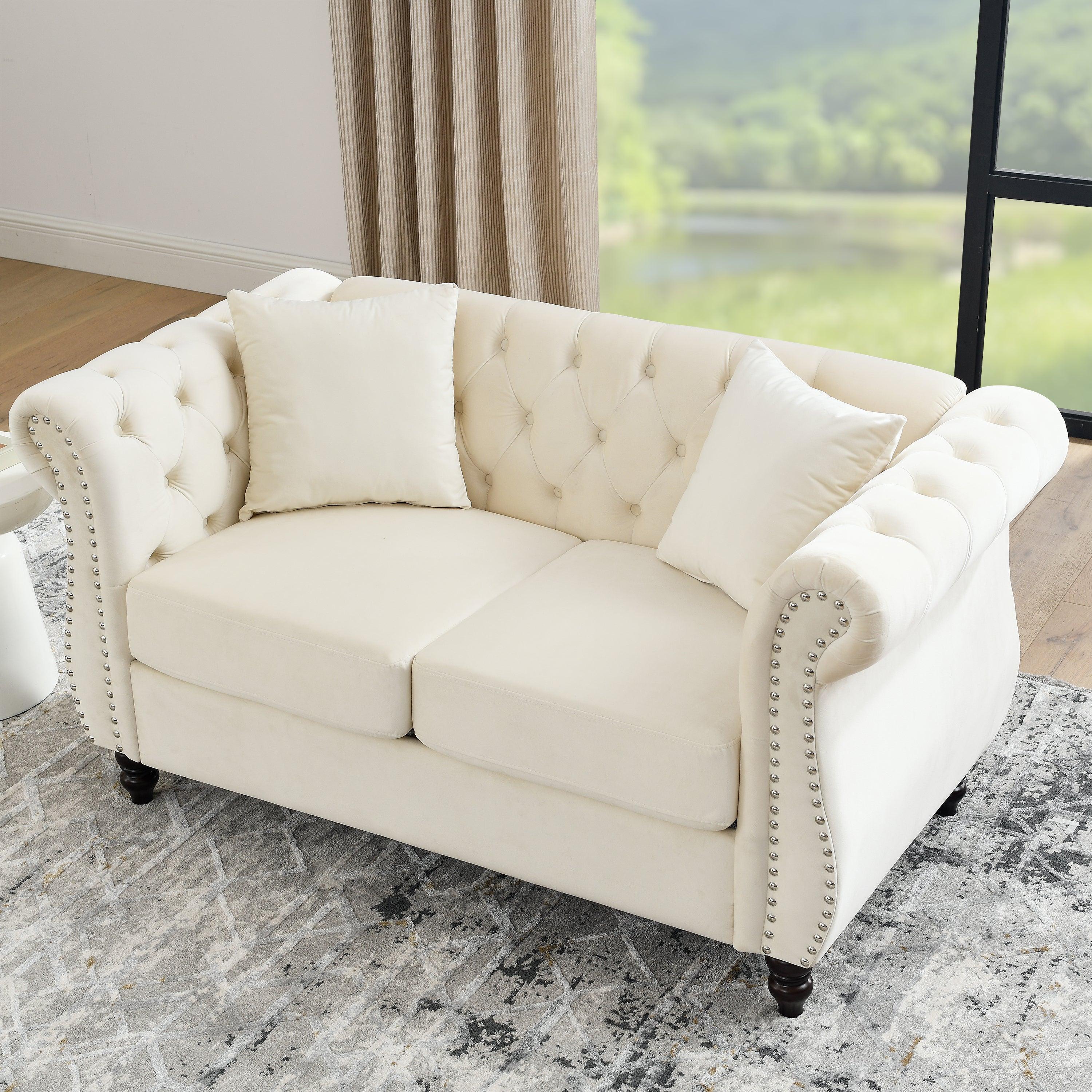 58.8" Chesterfield Sofa Beige Velvet for Living Room, 2 Seater Sofa Tufted Couch with Rolled Arms and Nailhead with 2 Pillows