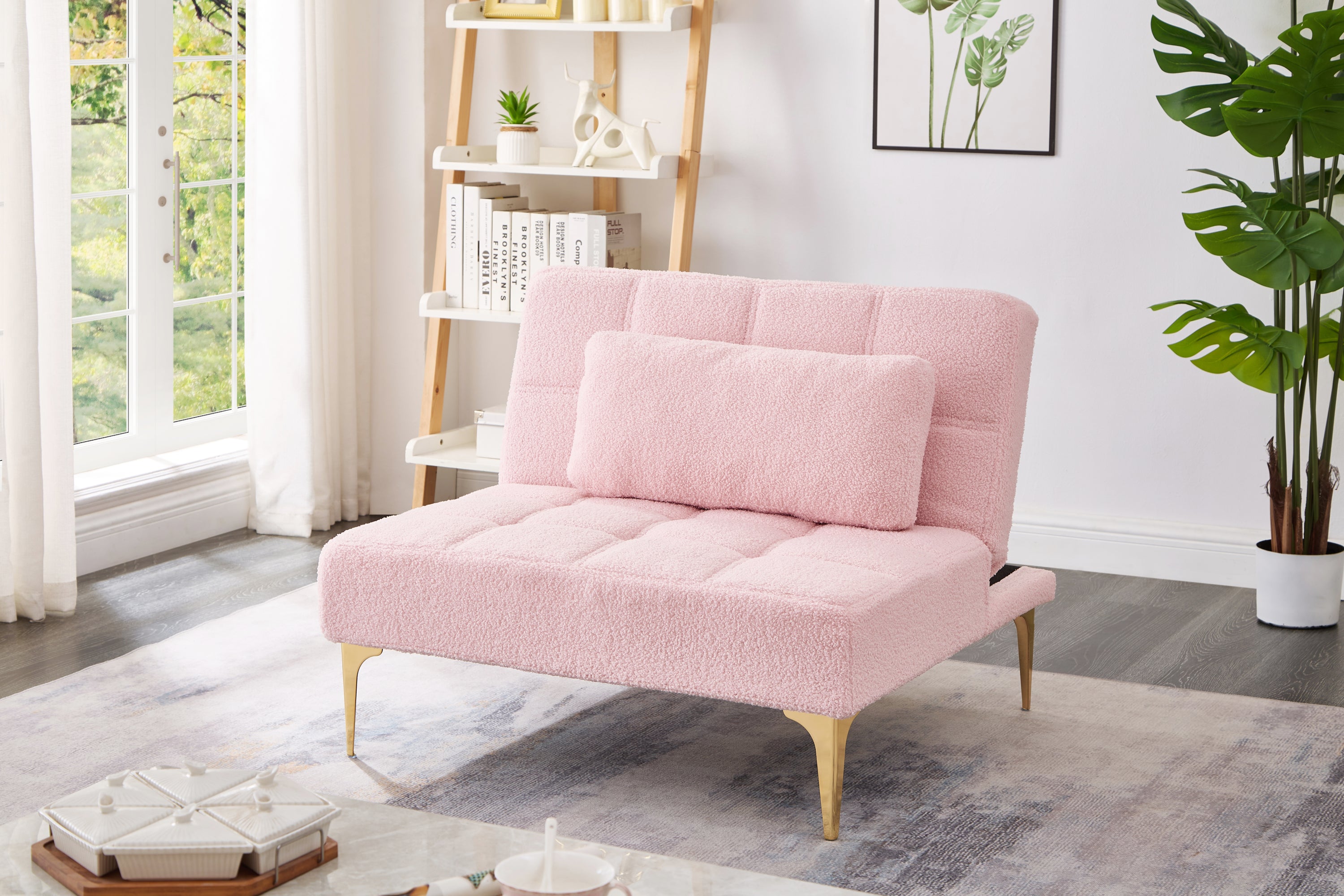 Convertible Single Sofa Bed Futon With Gold Metal Legs Teddy Fabric (Pink)