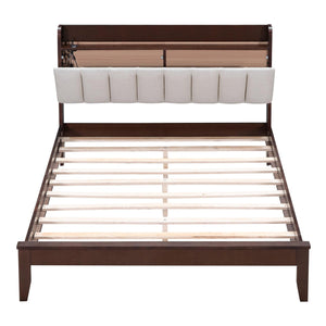 Full size Platform Bed with USB Charging Station and Storage Upholstered Headboard, LED Bed Frame, No Box Spring Needed, Walnut+Beige