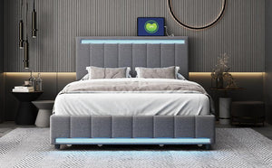 Full Size Upholstered Bed with LED Light and 4 Drawers,  Modern Platform Bed with a set of Sockets and USB Ports, Linen Fabric, Gray