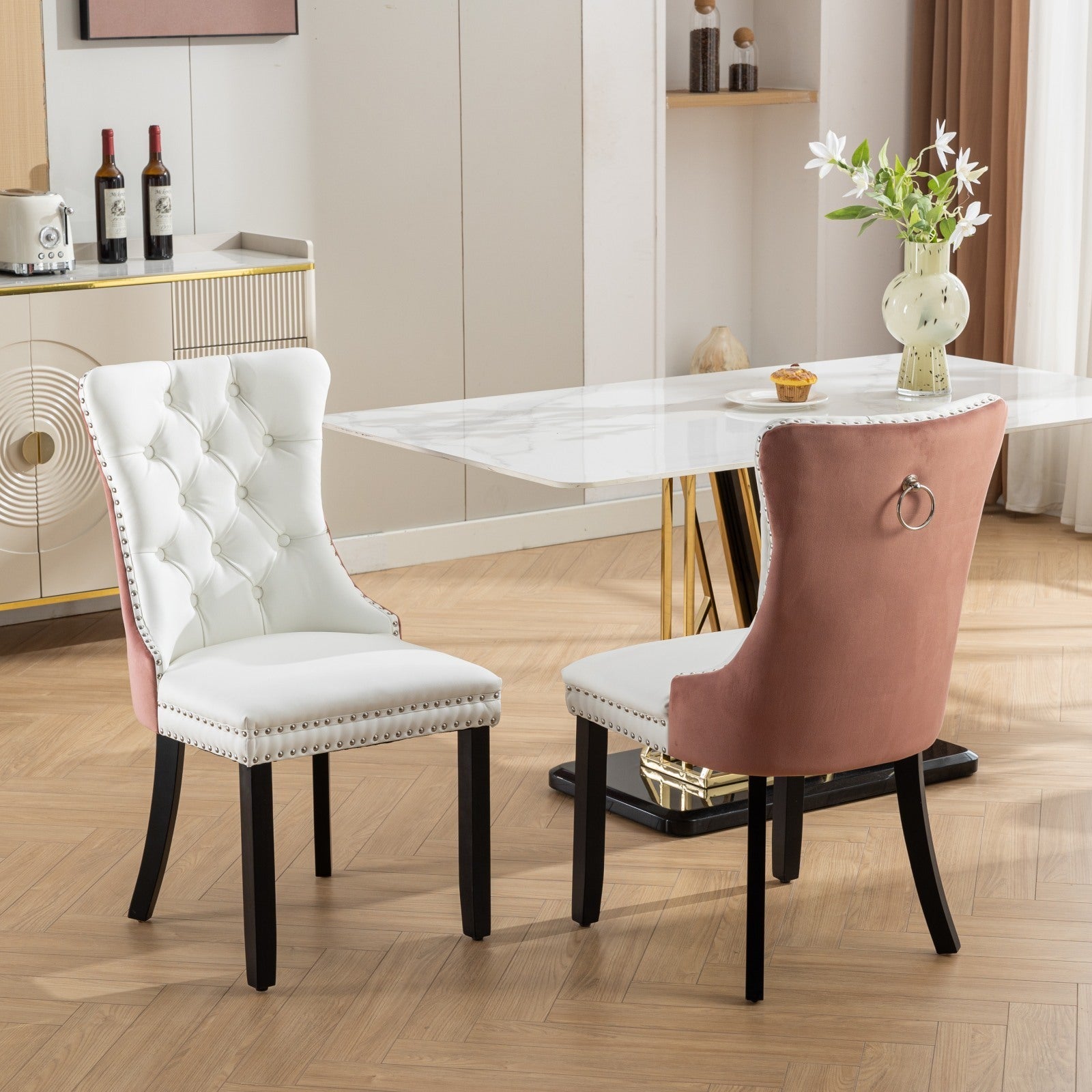 🆓🚛 High-End Tufted Solid Wood Contemporary Pu and Velvet Upholstered Dining Chair With Wood Legs Nailhead Trim 2-Pcs Set, White & Pink