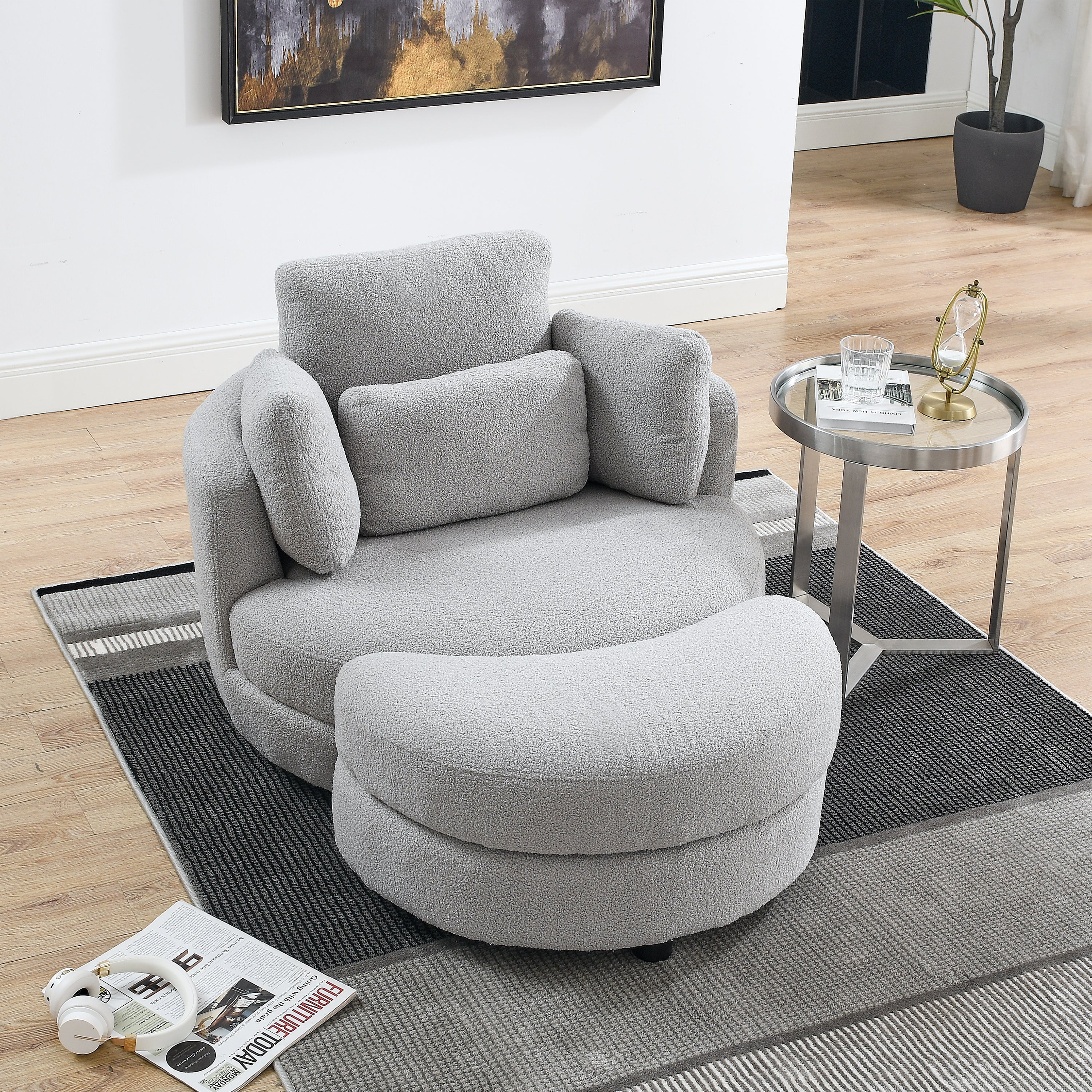 39"W Oversized Swivel Chair With Moon Storage Ottoman for Living Room, Modern Accent Round Loveseat Circle Swivel Barrel Chairs for Bedroom Cuddle Sofa Chair Lounger Armchair, 4 Pillows, Teddy Fabric