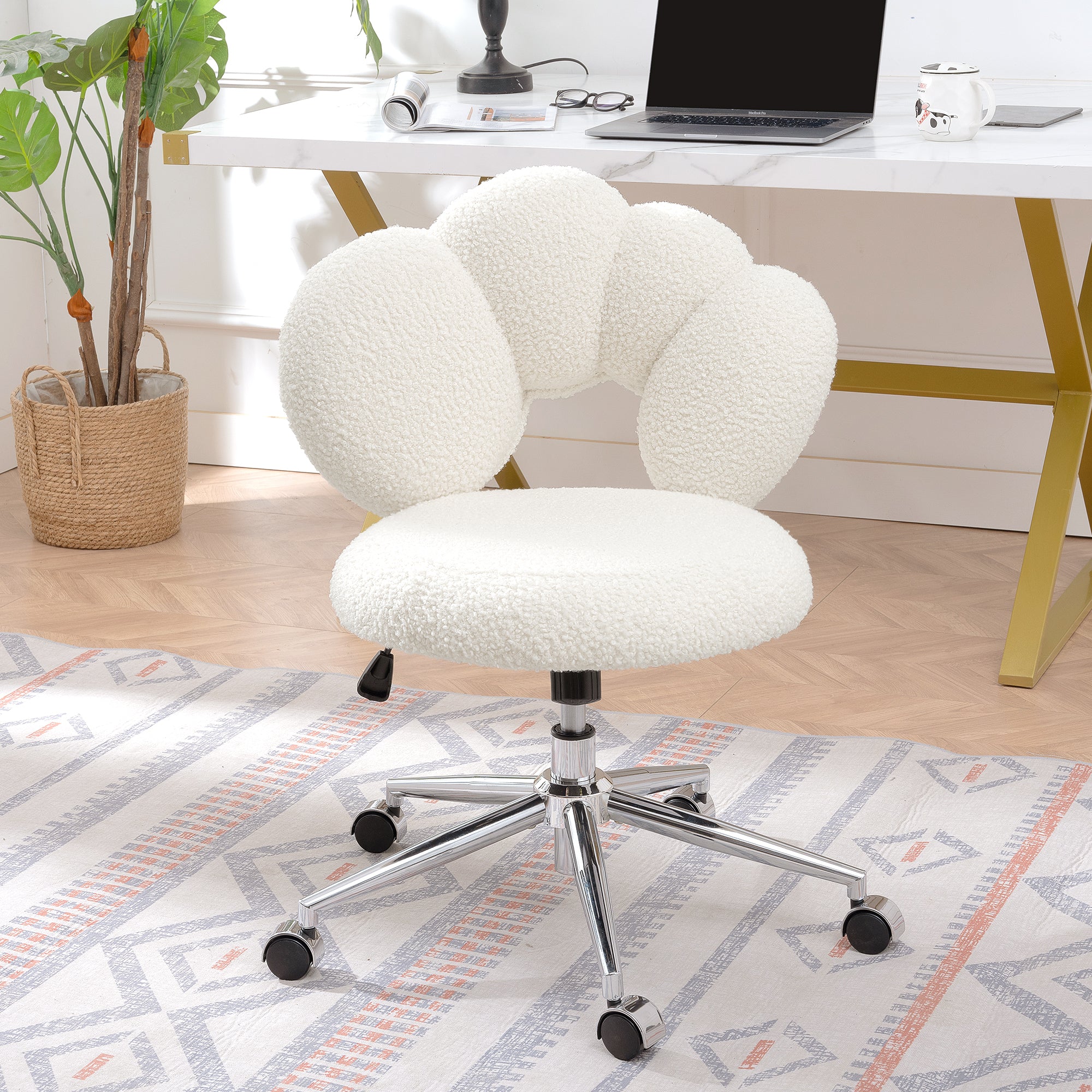🆓🚛 Cozy Teddy Fabric Office Chair, Height Adjustable, White