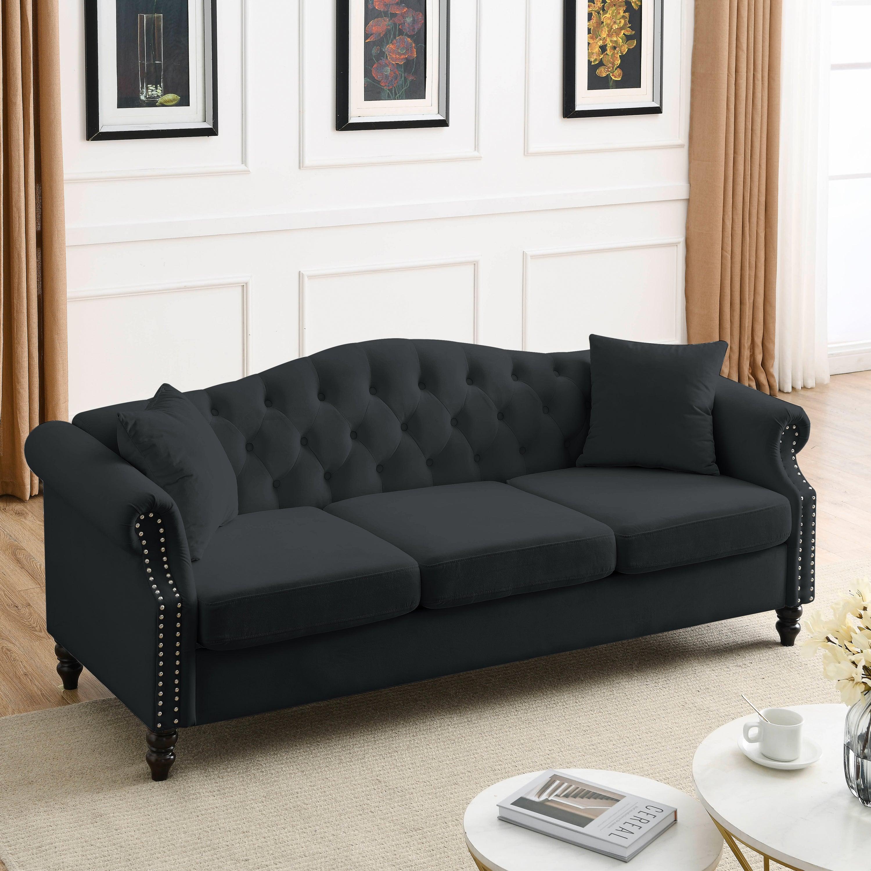 🆓🚛 79" Chesterfield Sofa Black Velvet for Living Room, 3 Seater Sofa Tufted Couch With Rolled Arms & Nailhead for Living Room, Bedroom, Office, Apartment, Two Pillows