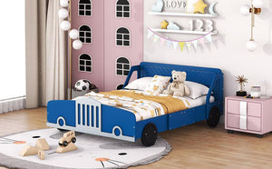 Full Size Car-Shaped Platform Bed with Wheels, Blue