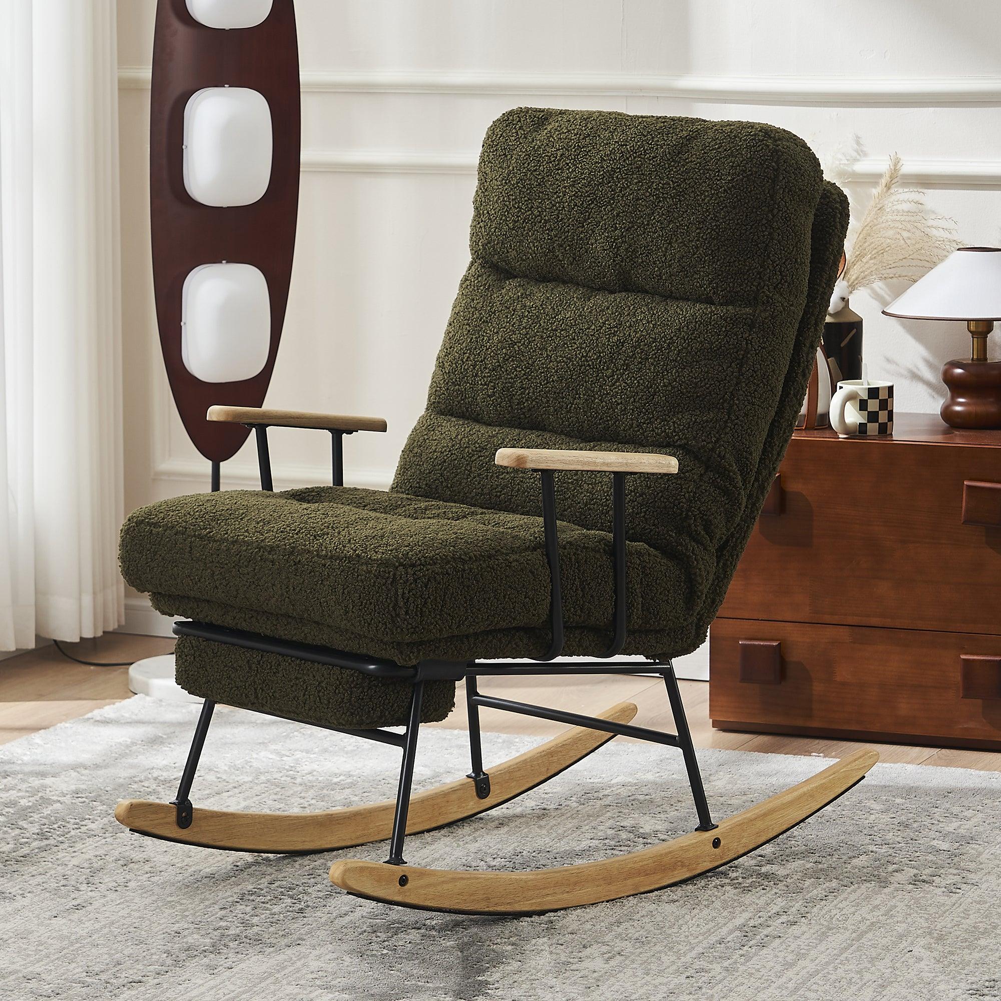 🆓🚛 Modern Teddy Gliding Rocking Chair With High Back, Retractable Footrest, & Adjustable Back Angle for Nursery, Living Room, & Bedroom, Green