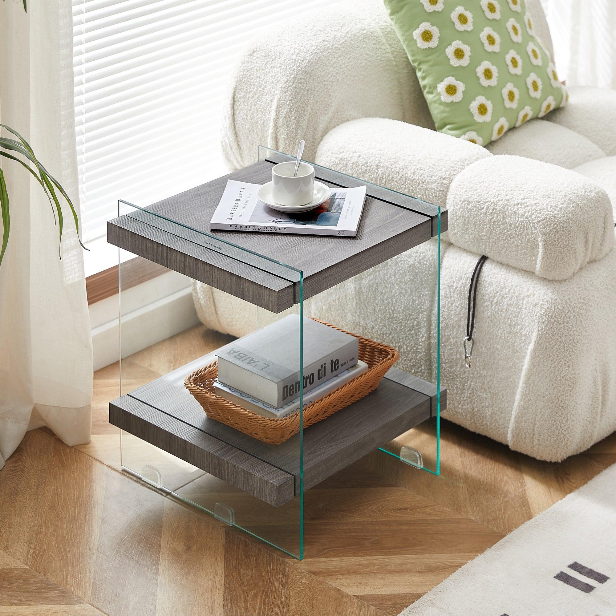 17.72" Sleek and Sturdy Tempered Glass Leg Side Table with Dual MDF Shelves, Modern nightstand  end table for living roon, bedroom, transparent/gray