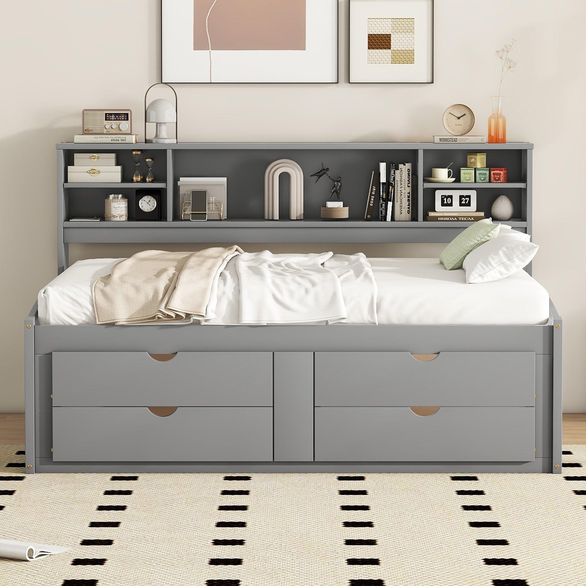 🆓🚛 Full Size Wood Daybed With 2 Bedside Cabinets, Upper Shelves & 4 Drawers, Gray