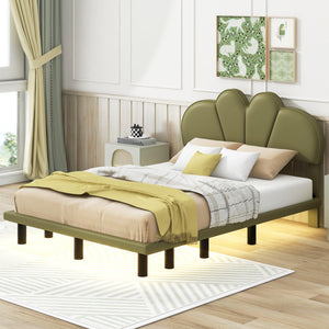 Full Size Upholstery Platform Bed with PU Leather Headboard and Support Legs, Underbed LED Light, Green