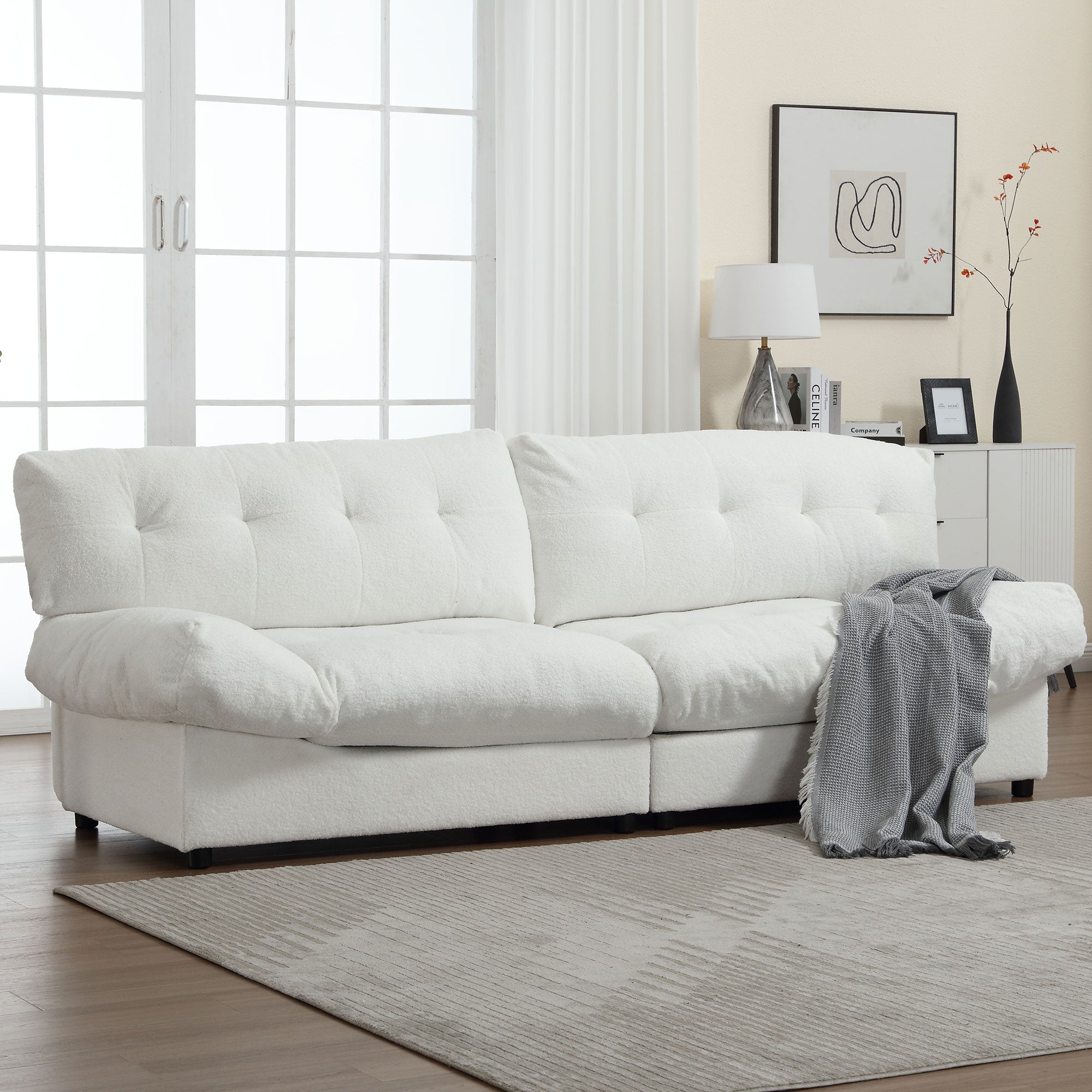 Cloud Style Sofa, Teddy Velvet Fabric, Comfy Padded Cloud Couch for Living Room, Apartment, White