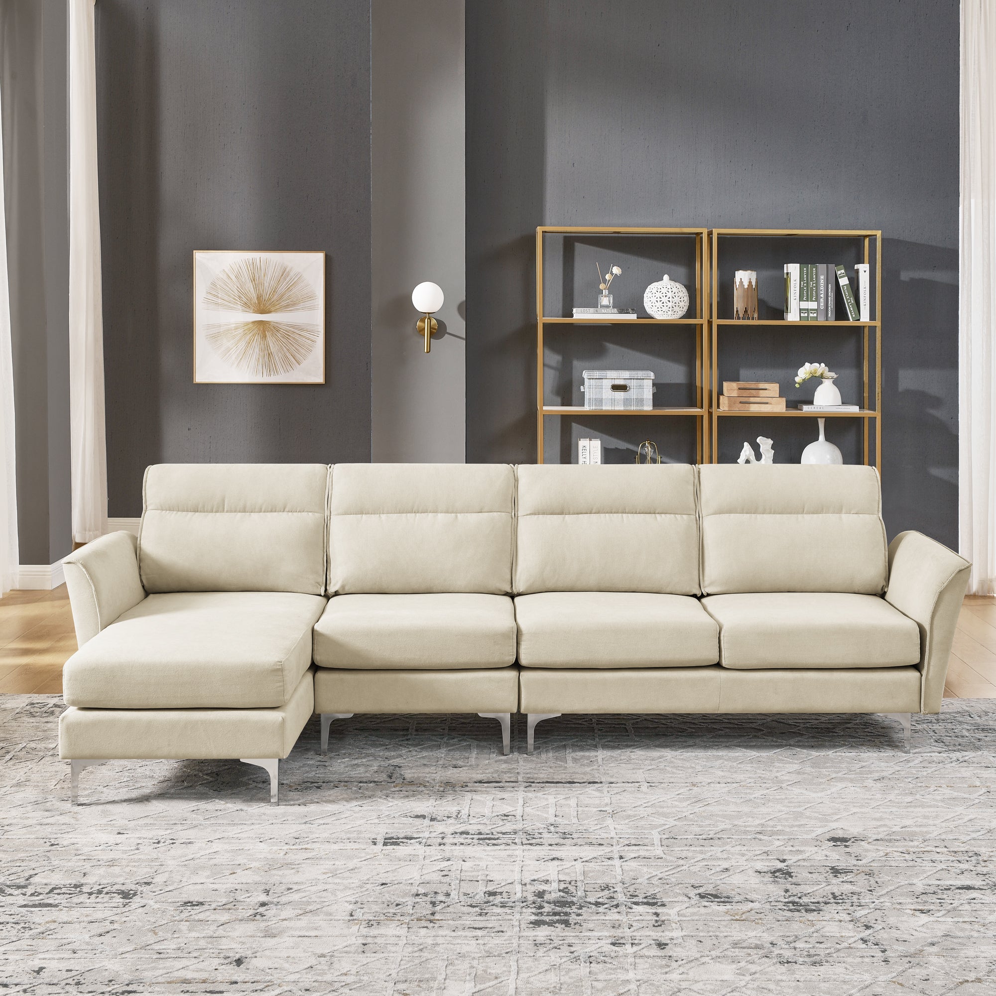 113" Modern Sofa 4-Seat Couch With Stainless Steel Trim and Metal Legs for Living Room, New Package Compression Sofa Technology, Beige