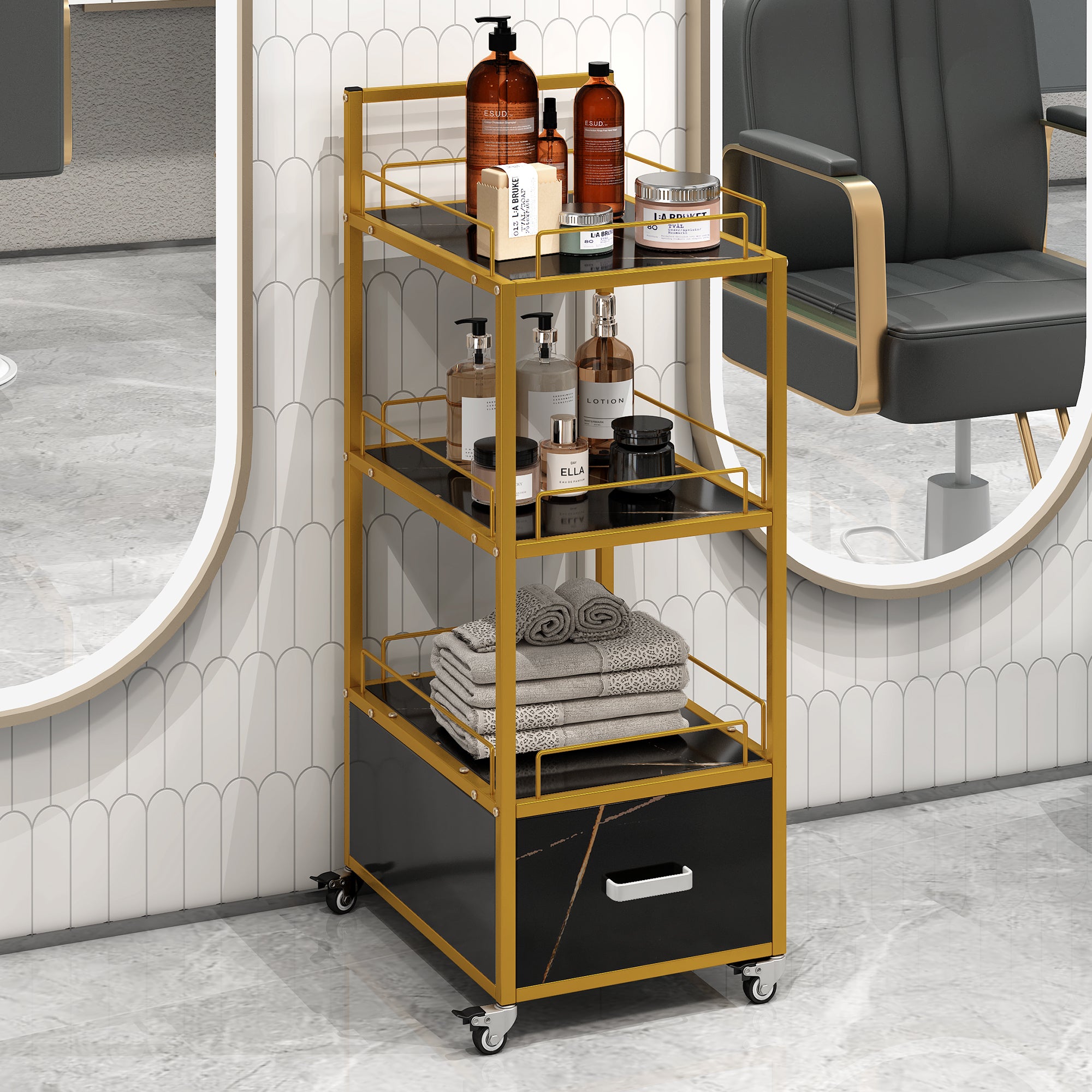 🆓🚛 Beauty Salon Storage Trolley Cart, With Lockable Rolling Wheels, Metal Frame Marbled Board, Drawer Barber Salon Furniture, Black