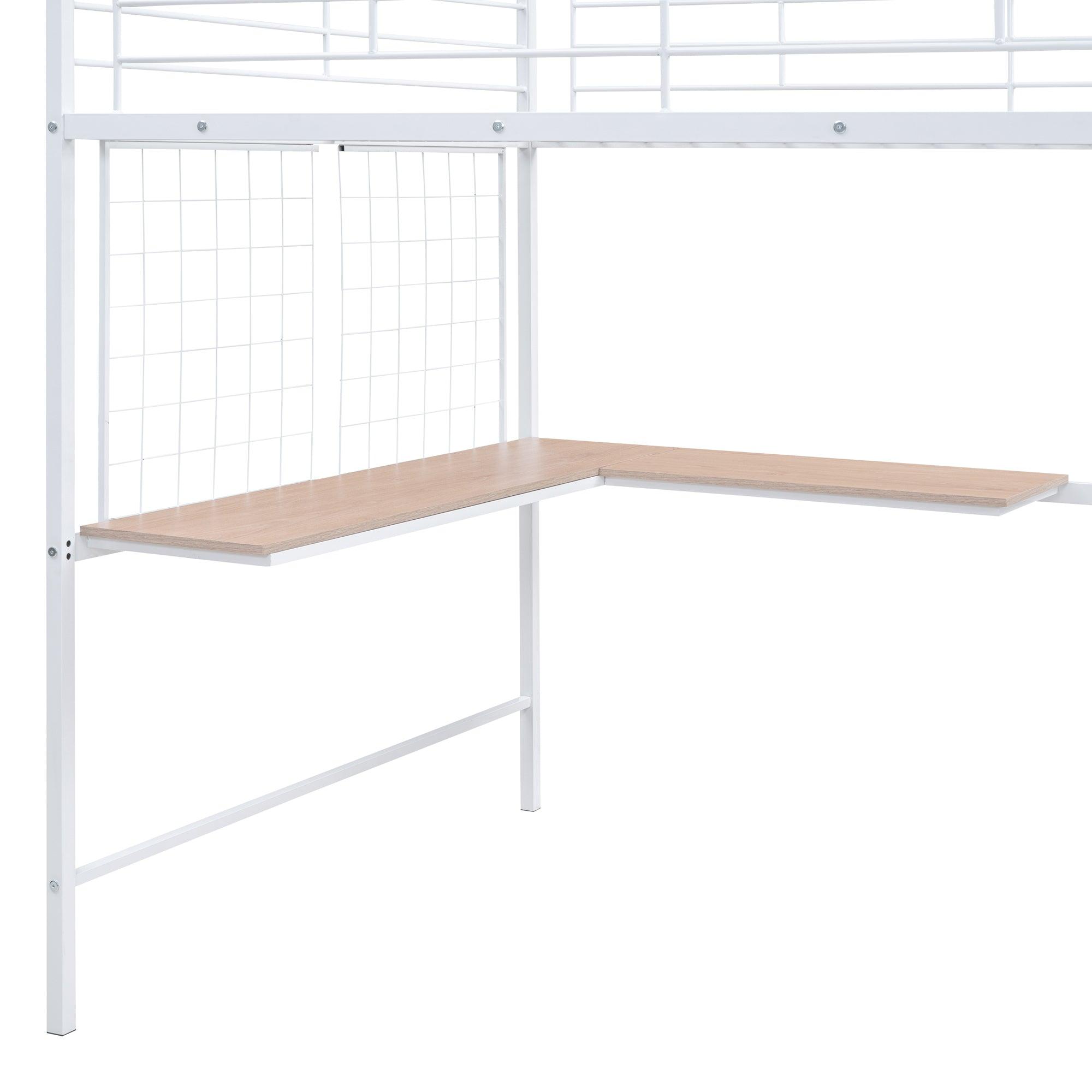 Full Size Metal Loft Bed with Desk and Metal Grid, Stylish Metal Frame Bed with Lateral Storage Ladder and Wardrobe, White