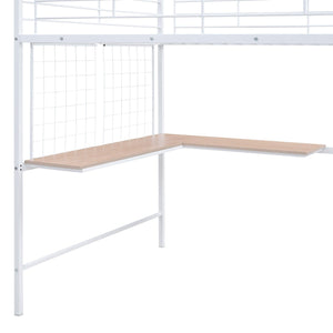 Full Size Metal Loft Bed with Desk and Metal Grid, Stylish Metal Frame Bed with Lateral Storage Ladder and Wardrobe, White