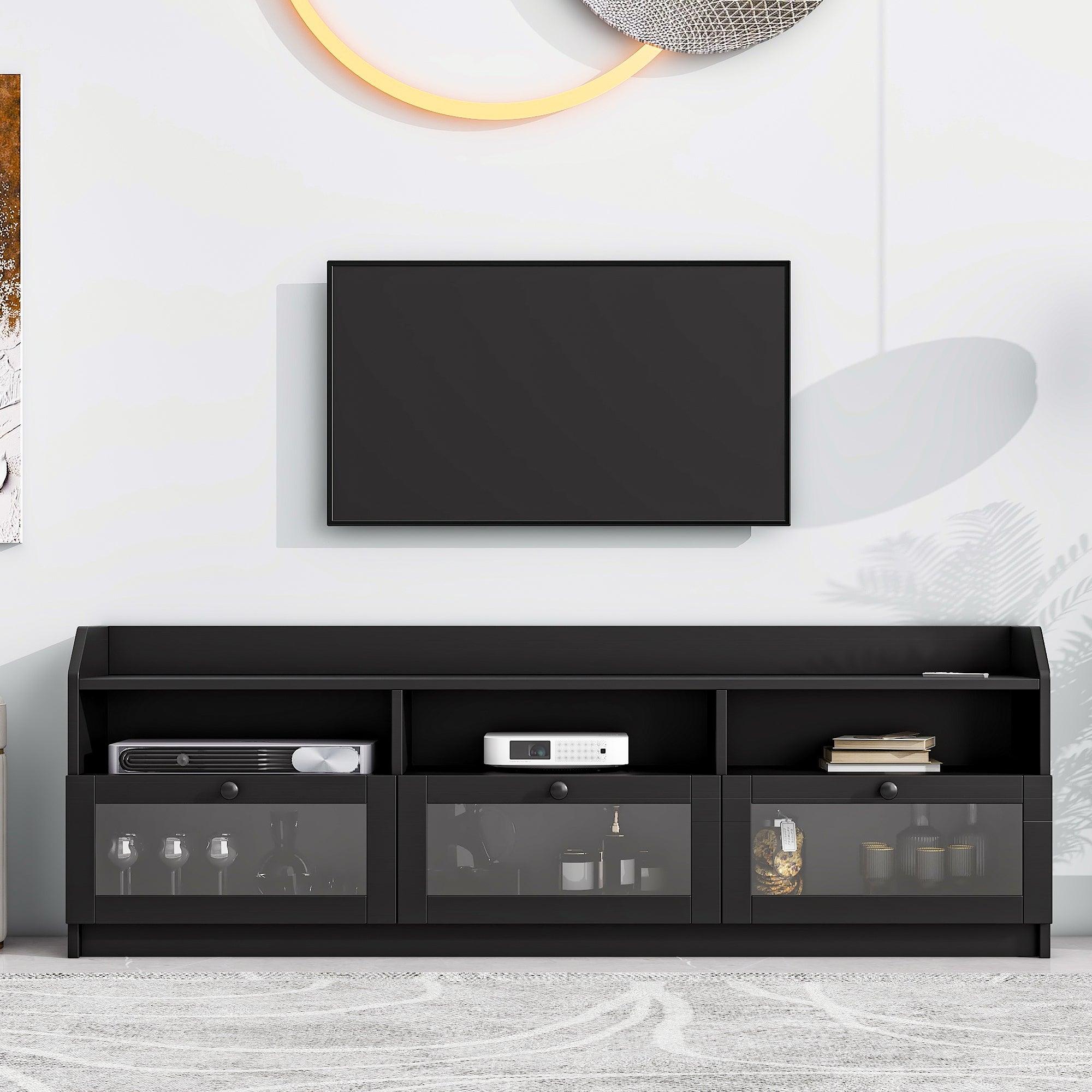 🆓🚛 Sleek & Modern Design Tv Stand With Acrylic Board Door, Chic Elegant Media Console for Tvs Up To 65", Ample Storage Space Tv Cabinet With Black Handles, Black