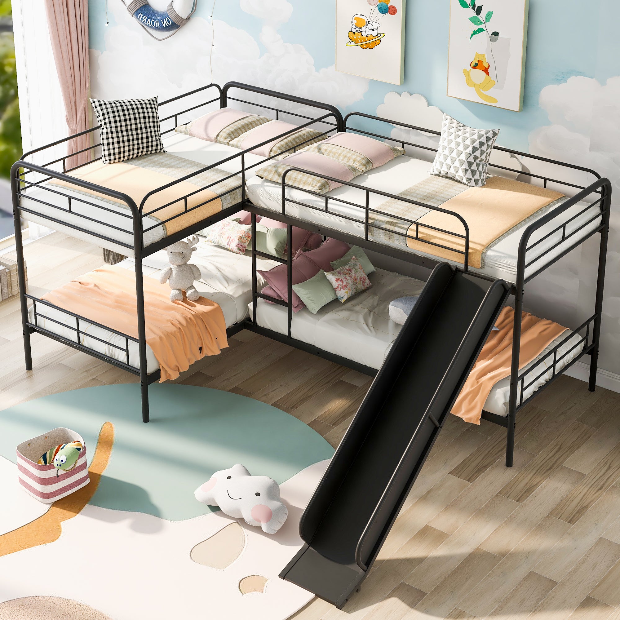 🆓🚛 Twin Size L-Shaped Bunk Bed With Slide and Ladder, Black