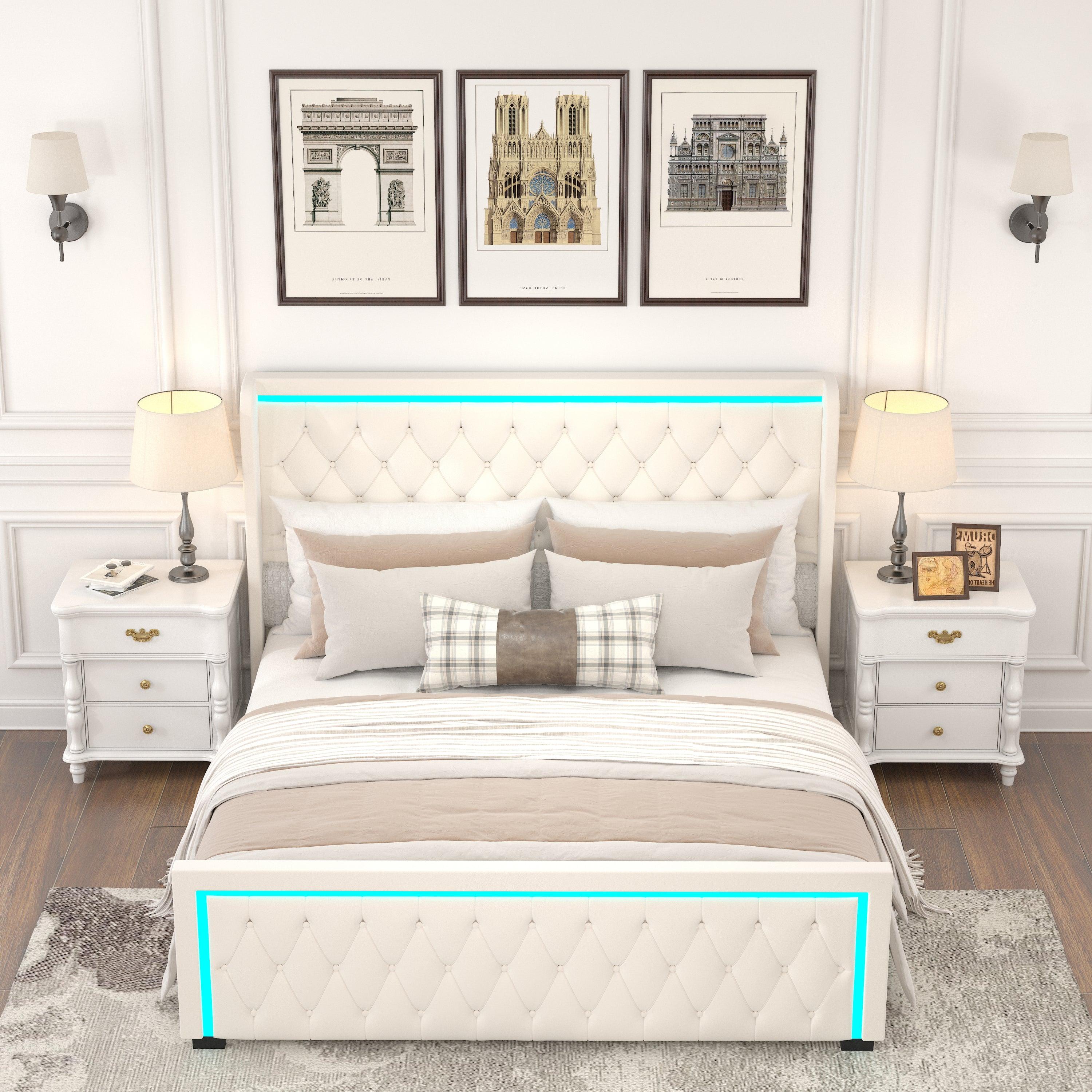 🆓🚛 King Platform Bed Frame, Velvet Upholstered Bed With Deep Tufted Buttons, Adjustable Colorful Lighted Strip Decorative Headboard, Wide Wingbacks, Beige