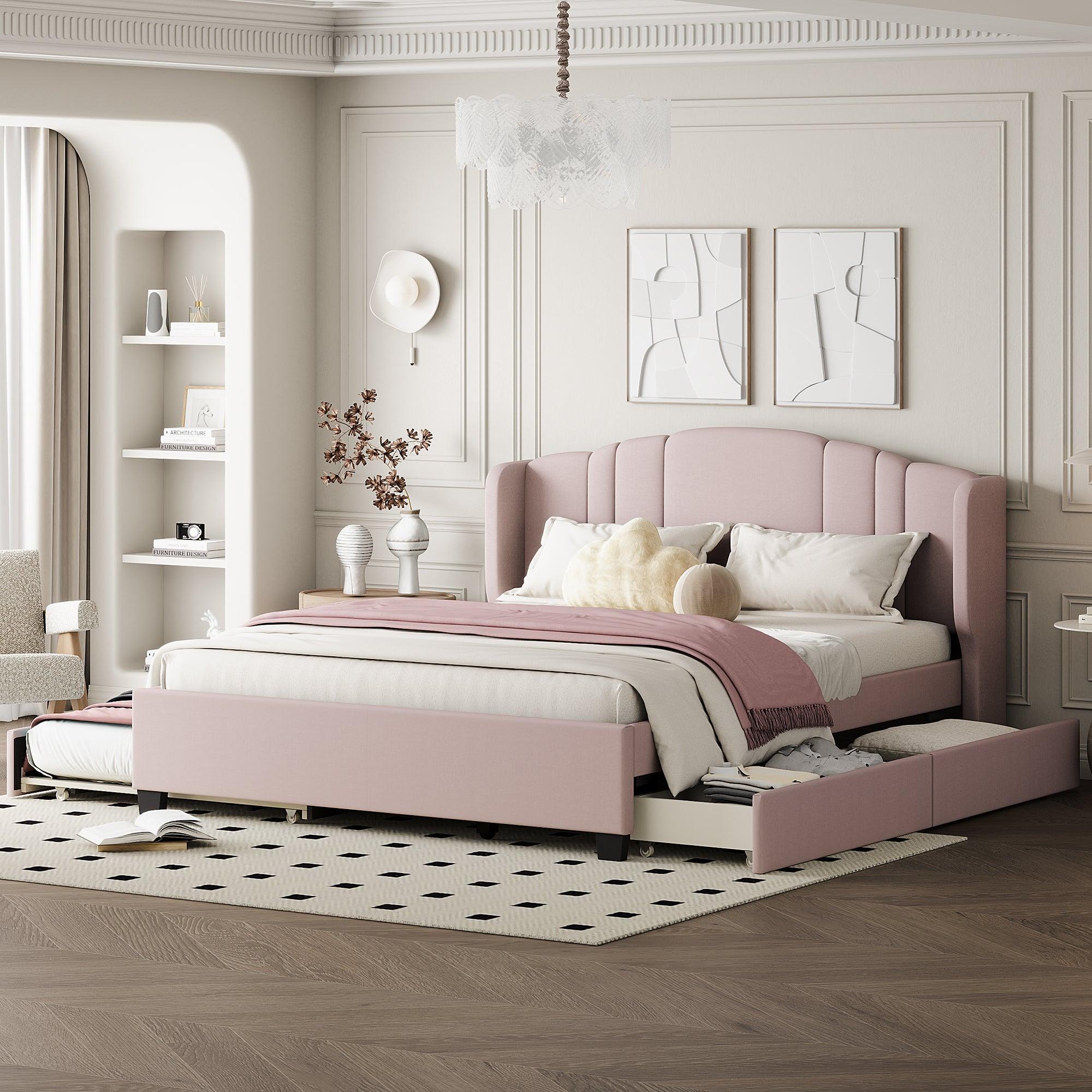 🆓🚛 Upholstered Platform Bed With Wingback Headboard, One Twin Trundle and 2 Drawers, No Box Spring Needed, Linen Fabric, Queen Size Pink