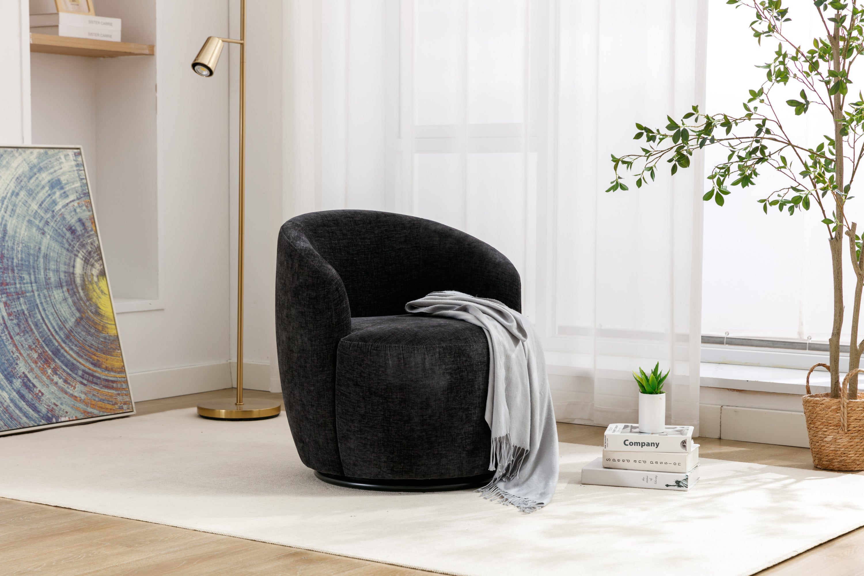 🆓🚛 Chenille Fabric Swivel Accent Armchair Barrel Chair With Black Powder Coating Metal Ring, Black