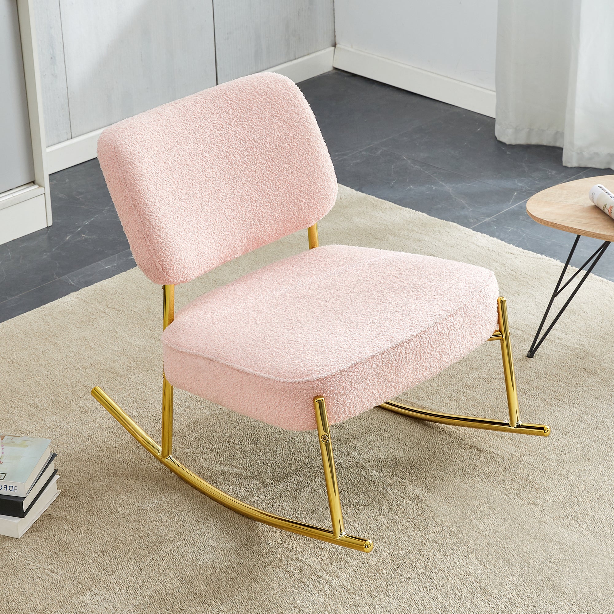 Teddy Velvet Material Cushioned Rocking Chair, Unique Rocking Chair, Cushioned Seat, Pink Backrest Rocking Chair, & Golden Metal Legs Comfortable Side Chairs In The Living Room, Bedroom, & Office