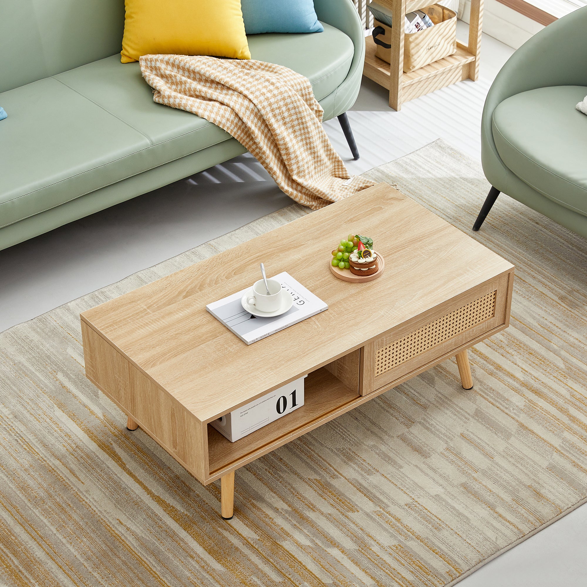 41.34" Rattan Coffee Table, Sliding Door for Storage, Solid Wood Legs, Modern Table  for Living Room , Natural