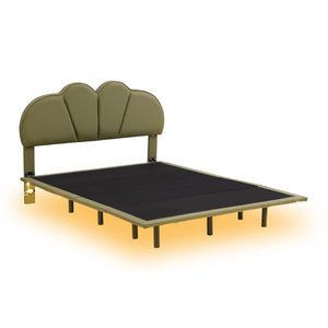 Full Size Upholstery Platform Bed with PU Leather Headboard and Support Legs, Underbed LED Light, Green