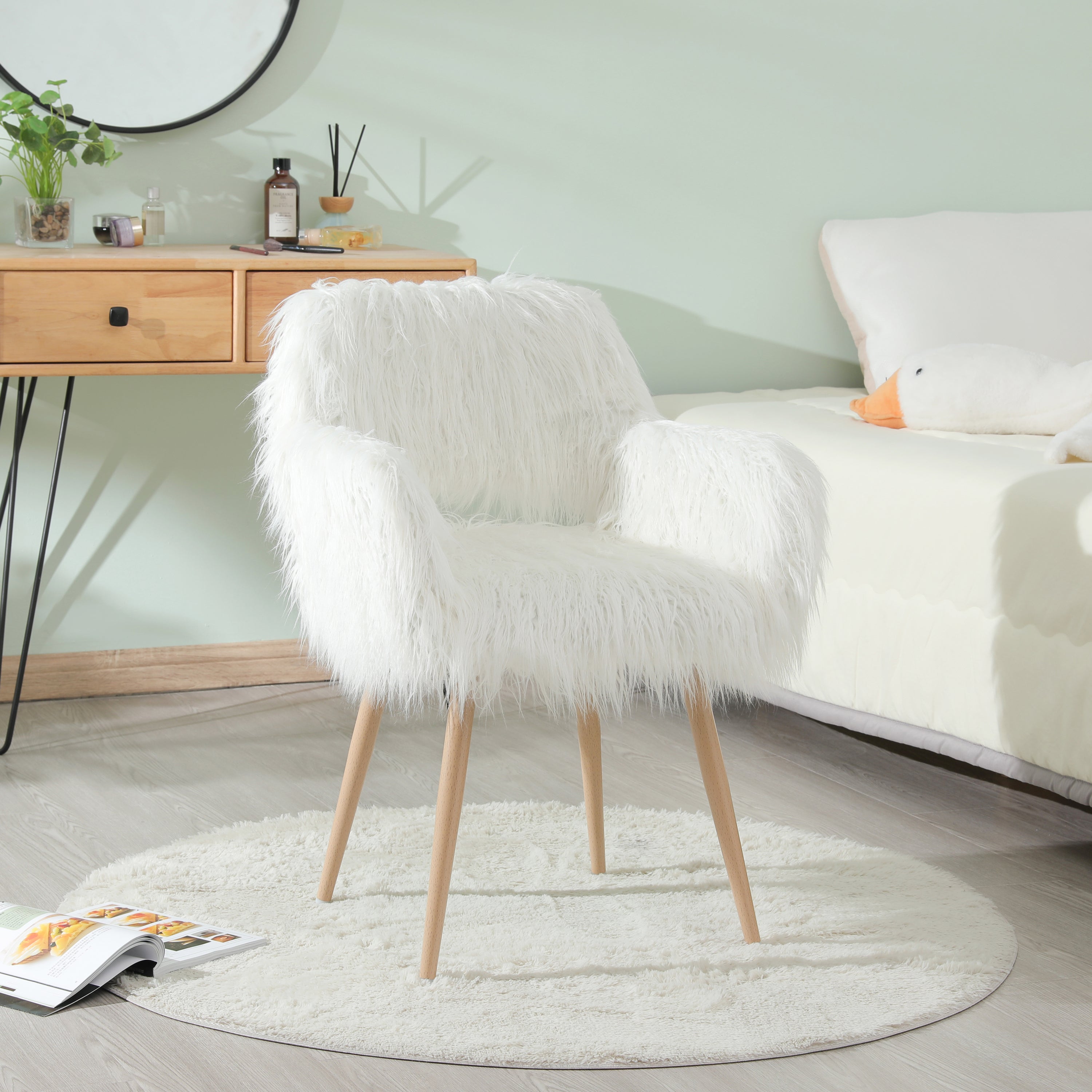 WHITE Faux Fur Upholstered Make up chair Side Dining Chair with Metal Leg