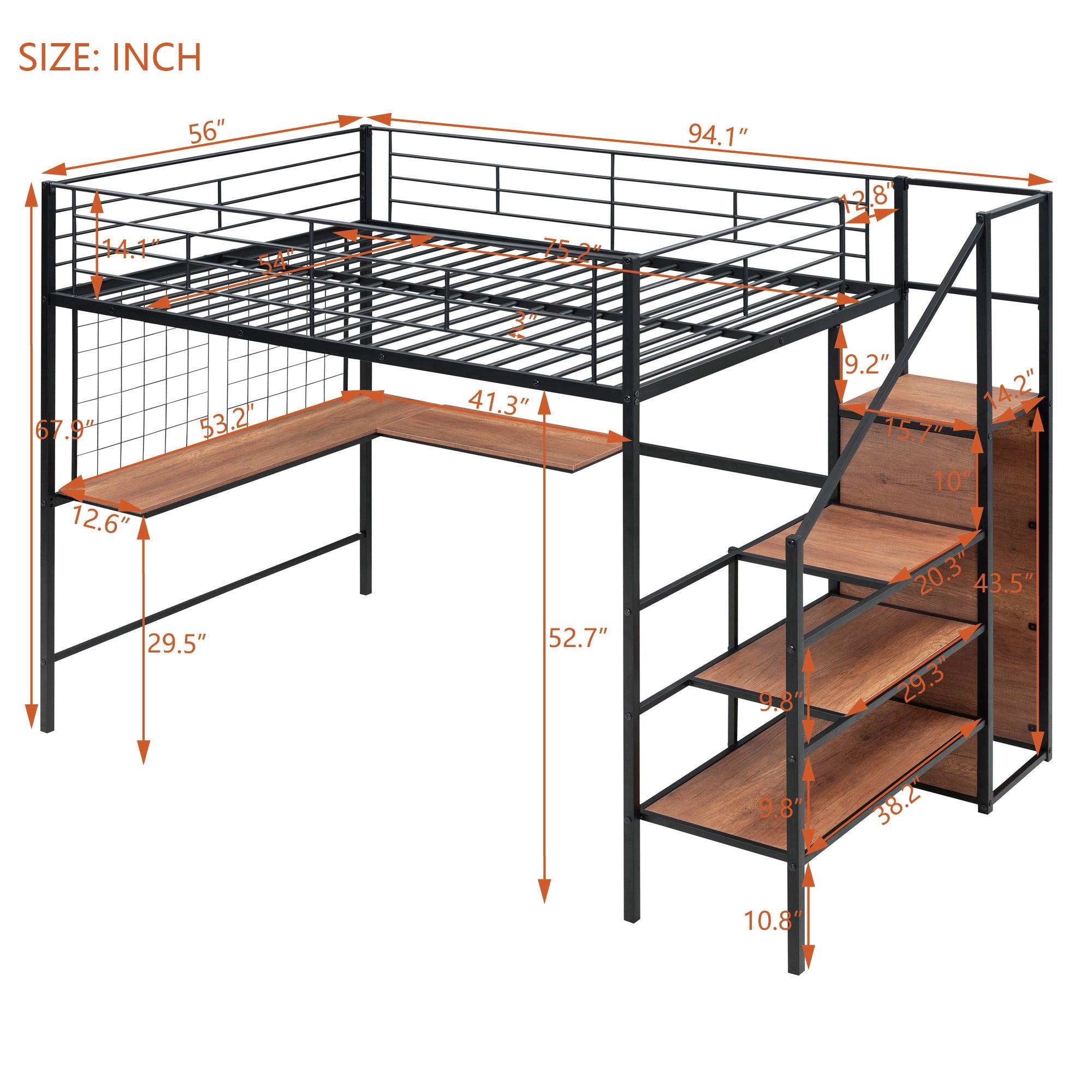 Full Size Metal Loft Bed with Desk and Metal Grid, Stylish Metal Frame Bed with Lateral Storage Ladder and Wardrobe, Black