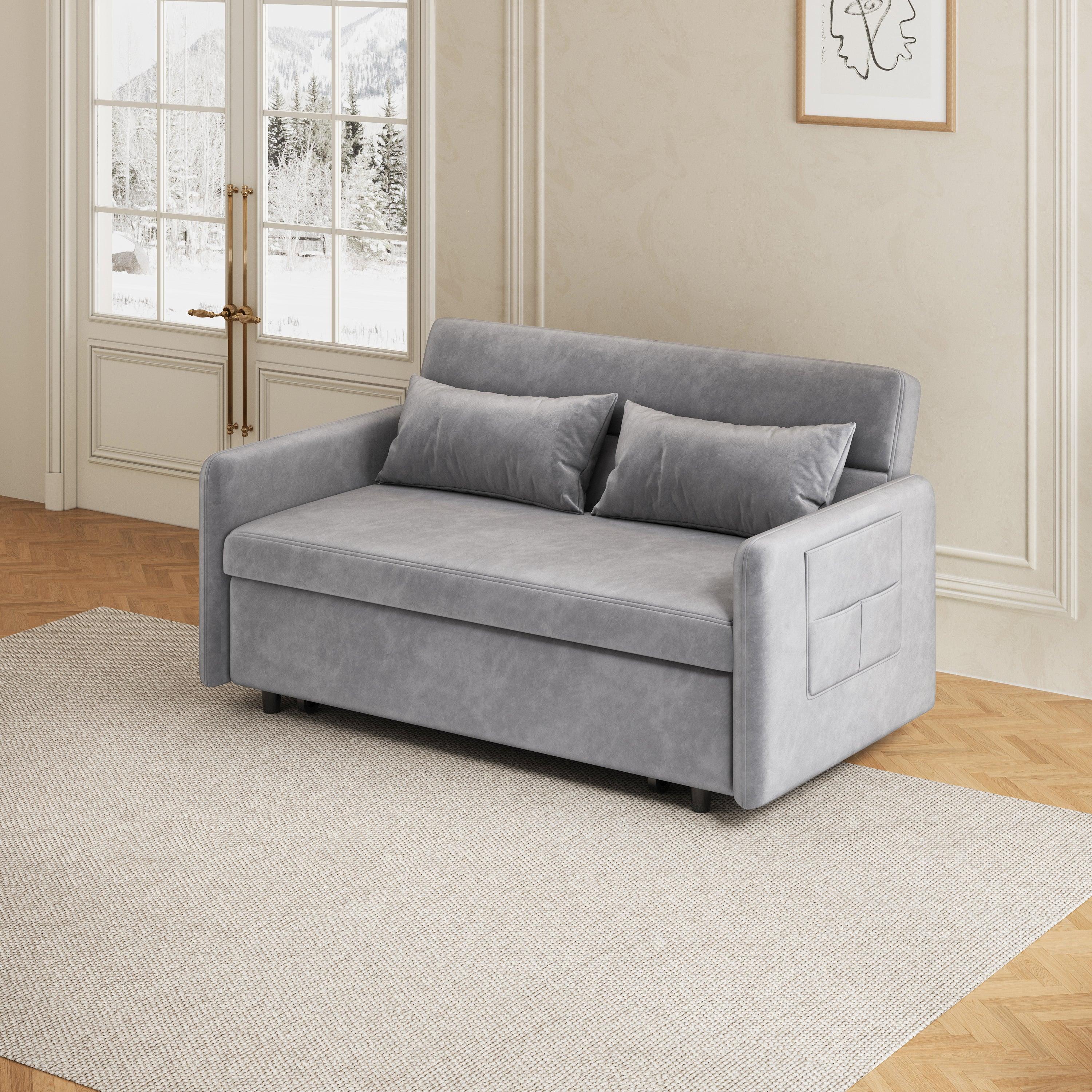 🆓🚛 Sofa Pull Out Bed Included Two Pillows 54" Gray Velvet Sofa for Small Spaces