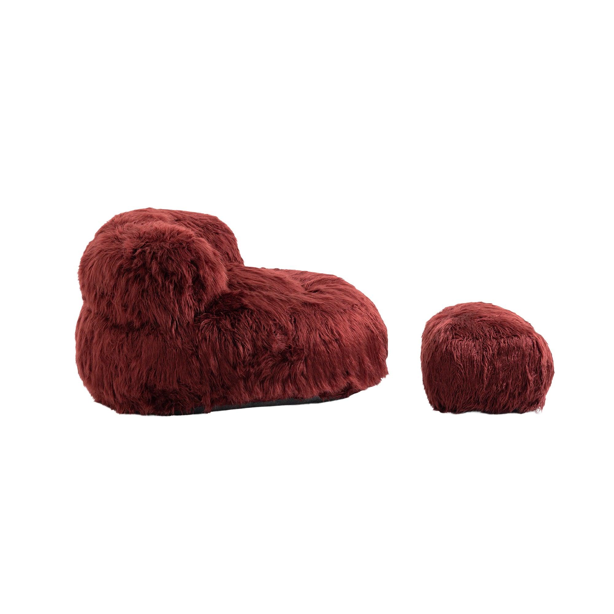 Gramanda Bean Bag Faux Fur Lazy Sofa + Footstool For Adults And Kids - Wine Red