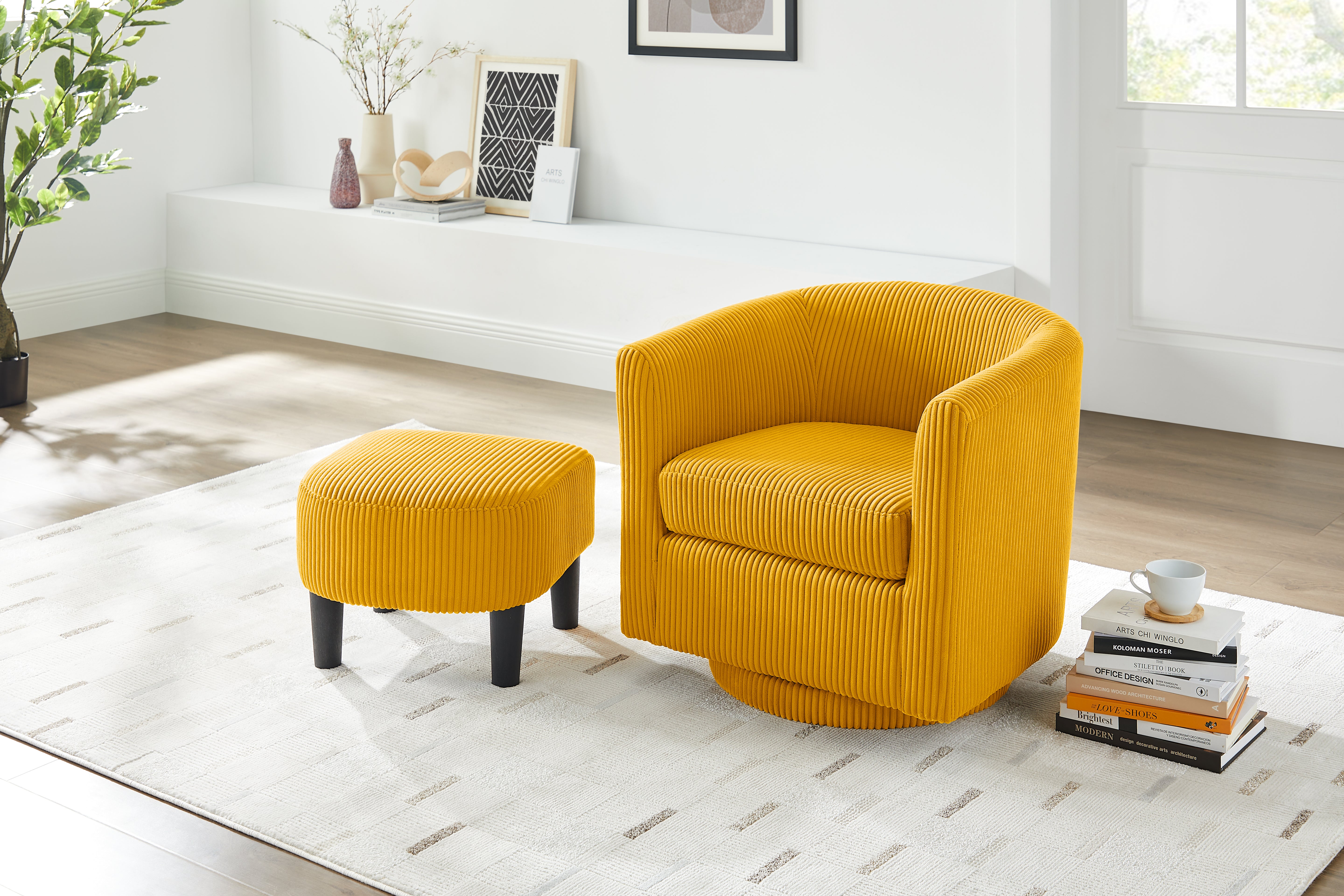 Swivel Accent Chair 360° Comfy Recliner Corduroy Arm Chair Single Sofa with Ottoman for Living Room Bedroom, Yellow