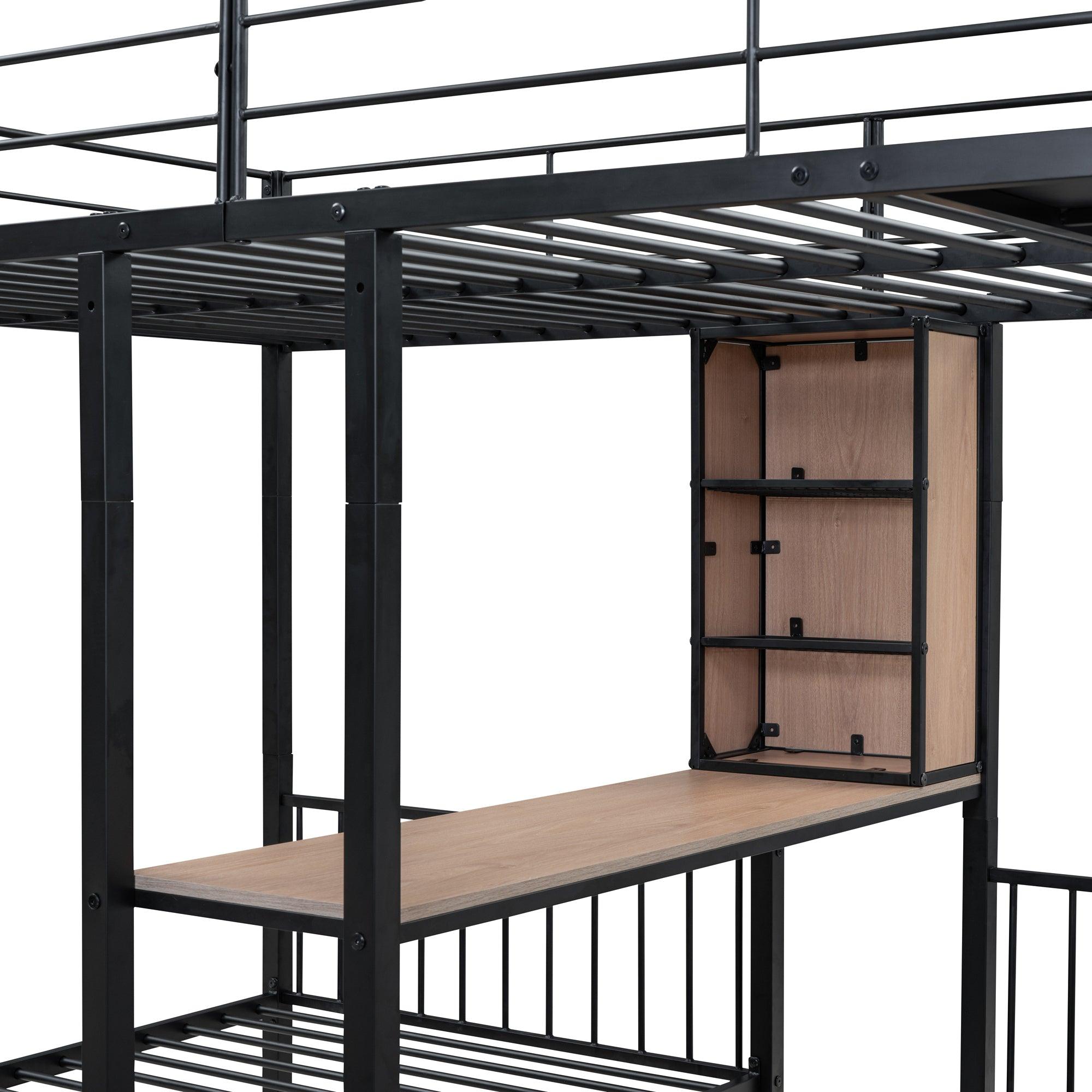 Full Over Twin & Twin Triple Bunk Bed with Drawers, Multi-functional Metal Frame Bed with desks and shelves in the middle, Black