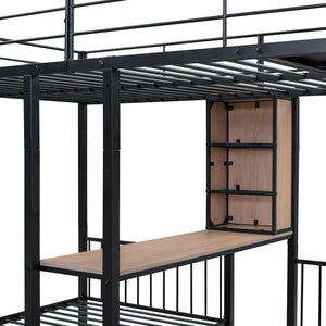 Full Over Twin & Twin Triple Bunk Bed with Drawers, Multi-functional Metal Frame Bed with desks and shelves in the middle, Black