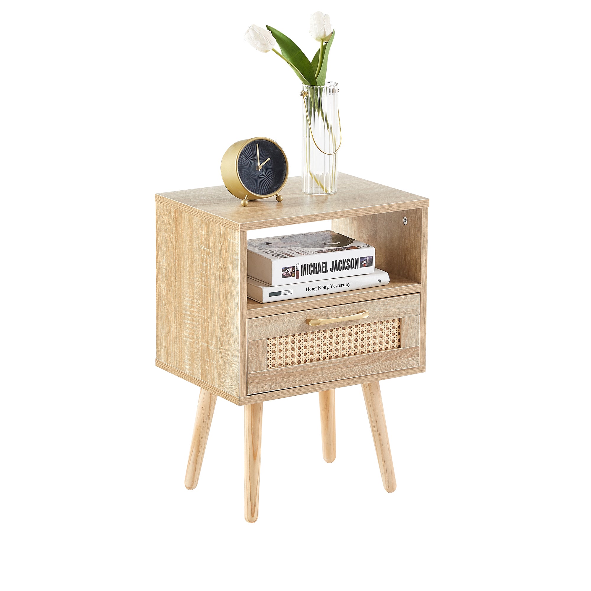 15.75" Rattan End Table With Drawer and Solid Wood Legs, Modern Nightstand, Side Table for Living Room, Bedroom, Natural