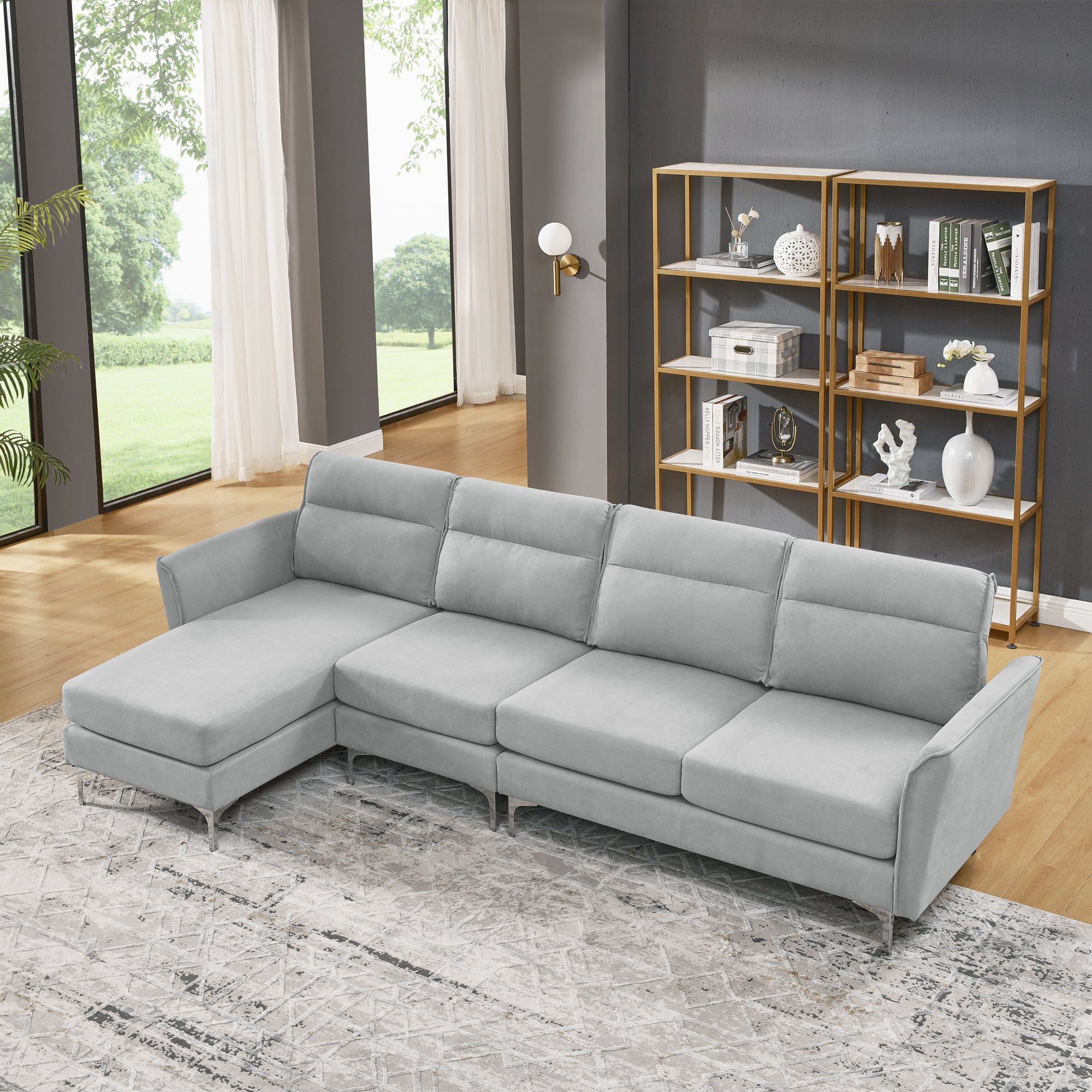 113" Modern Sofa 4-Seat Couch With Stainless Steel Trim and Metal Legs for Living Room, New Package Compression Sofa Technology, Gray