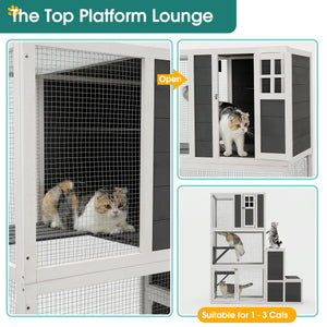 3-Tier Wooden Outdoor   &   Indoor Cat House Suitable For 1-3 Cats Cat Enclosure Resting Box With 4 Platforms And 2 Doors Cat Shelter Kitty House With A Jump Box For Hiding And Resting Cat Cage 71" H-Gray