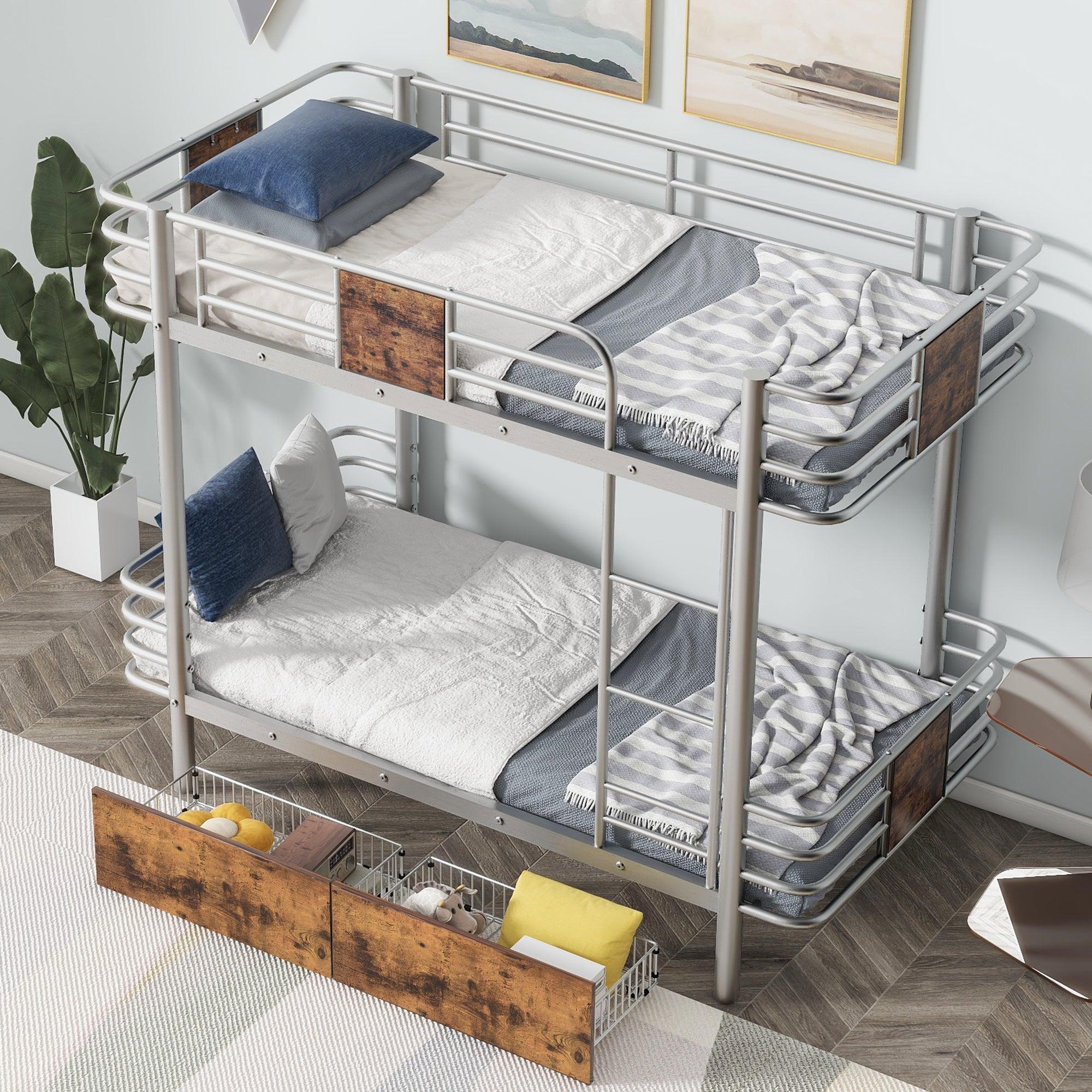 🆓🚛 Twin Xl Over Twin Xl Metal Bunk Bed With Mdf Board Guardrail & Two Storage Drawers, Silver