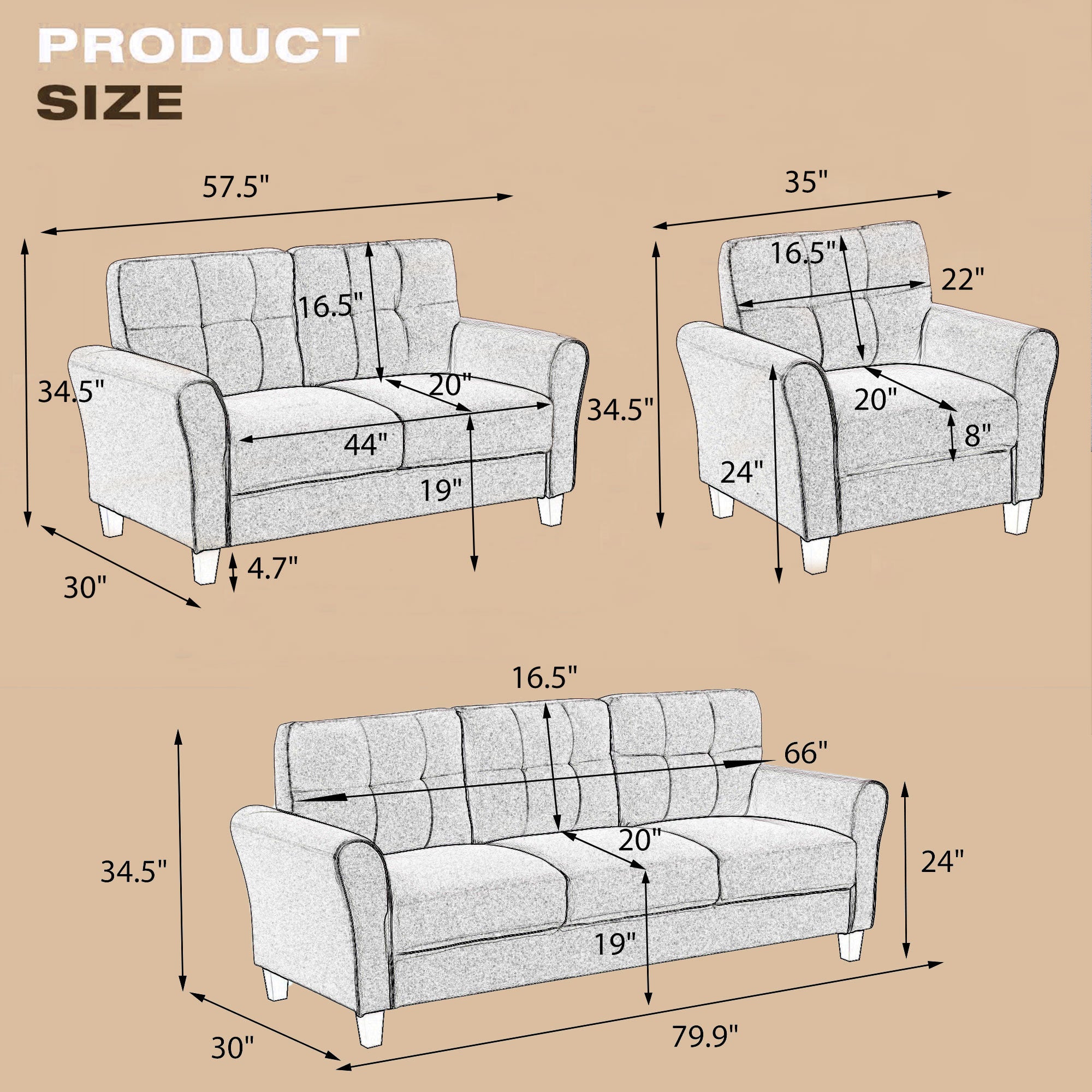 🆓🚛 Modern Living Room Sofa Set, Linen Upholstered Couch Furniture for Home Or Office, Light Gray-Blue, 1 + 3-Seater Sofas