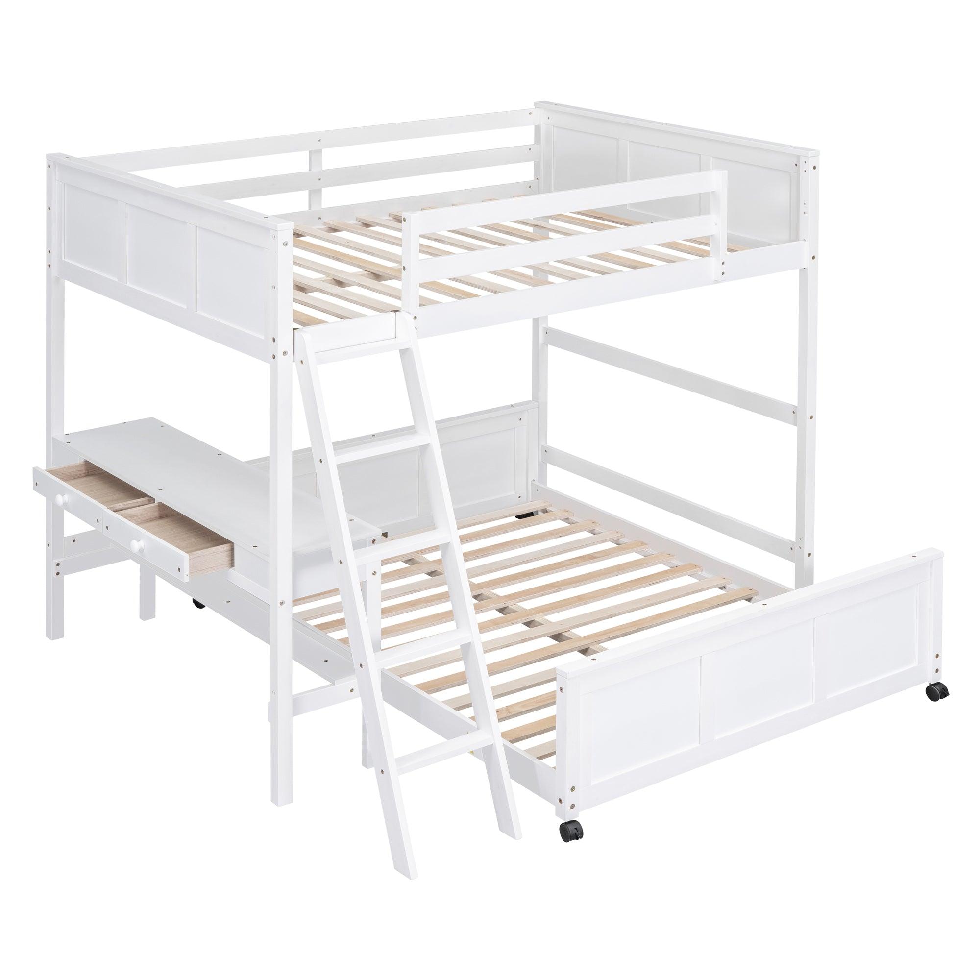 Full Over Full Bunk Bed with Desk, White