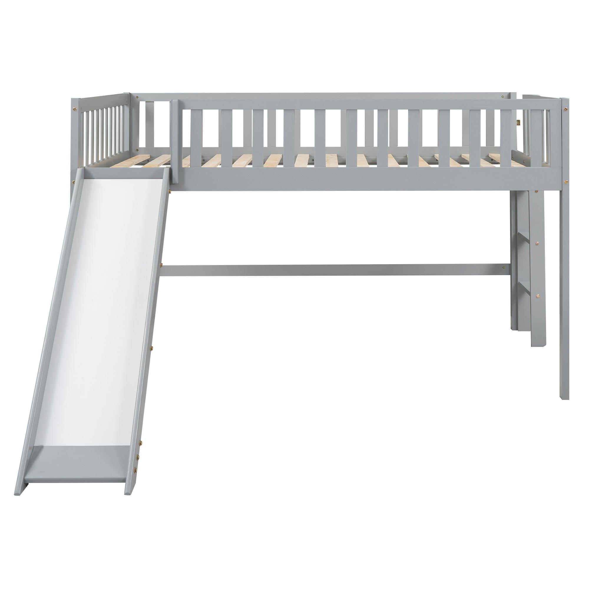 Full Size Low Loft Bed with Ladder and Slide, Gray