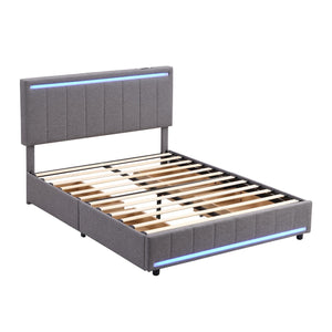 Full Size Upholstered Bed with LED Light and 4 Drawers,  Modern Platform Bed with a set of Sockets and USB Ports, Linen Fabric, Gray