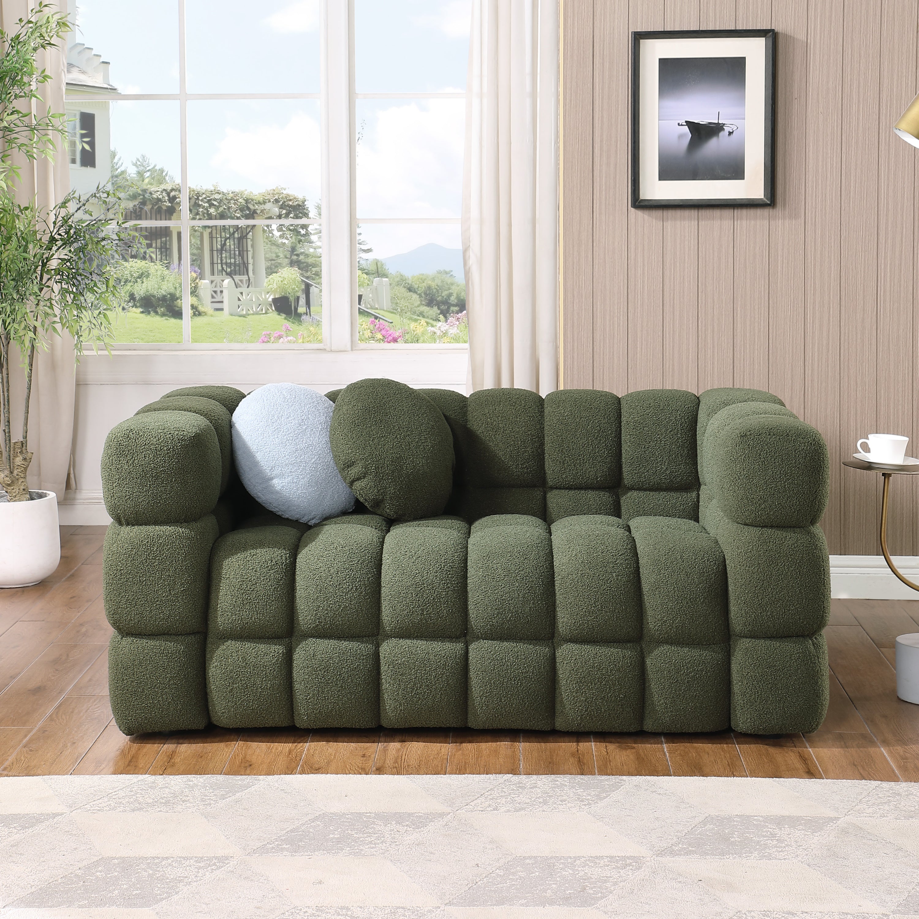 🆓🚛 62.2" Length, 35.83" Depth, Marshmallow Sofa, 2 Seater Boucle Sofa, Olive Green