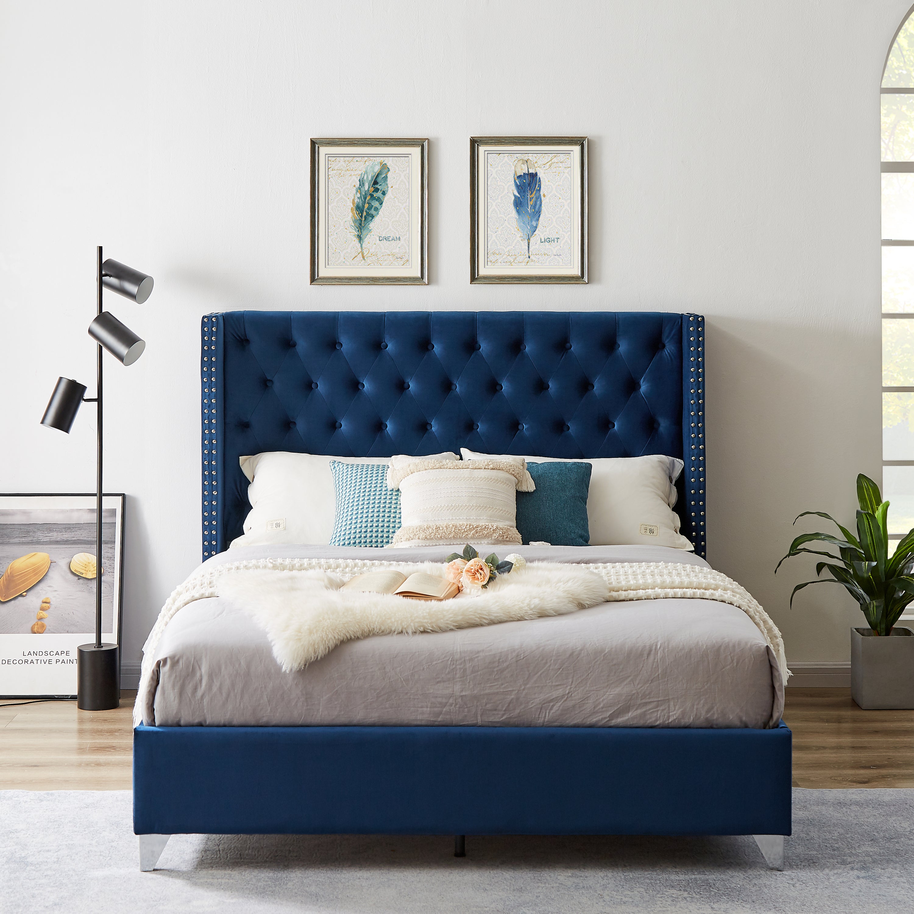 🆓🚛 Queen bed, Button Designed Headboard, Strong Wooden Slats + Metal Legs with Electroplate