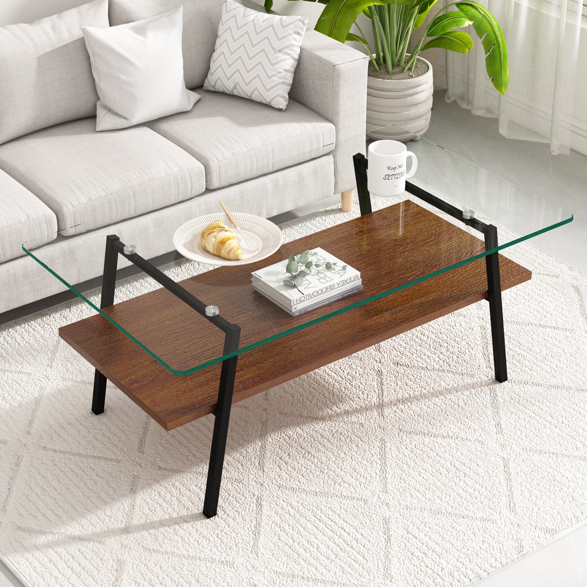 🆓🚛 Rectangle Coffee Table, Tempered Glass Tabletop With Black Metal Legs, Modern Table for Living Room, Transparent Glass, Black Legs